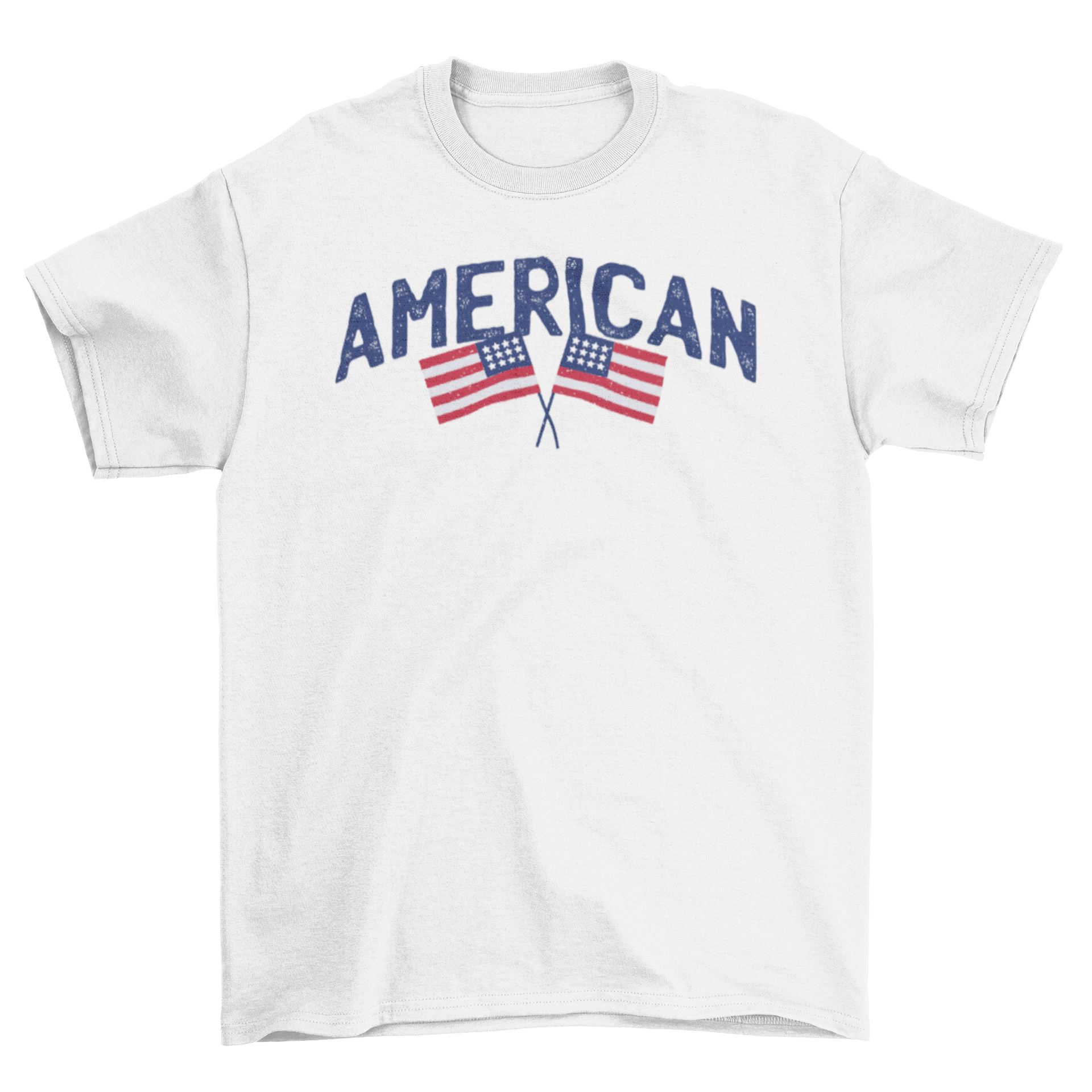 Patriotic American t-shirt with blue 'American' caption and crossed flags design.