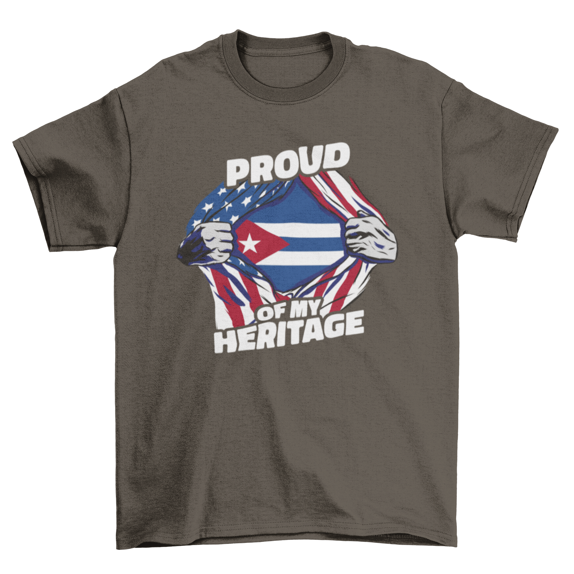 American-Cuban t-shirt featuring US and Cuban flags with the quote 'Proud of my heritage'.