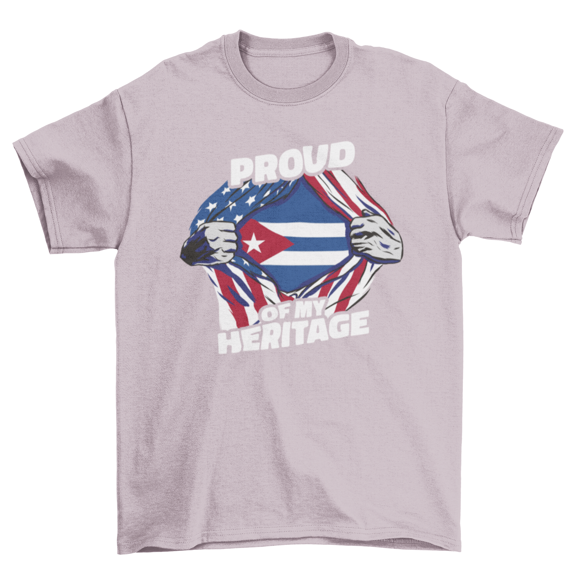 American-Cuban t-shirt featuring US and Cuban flags with the quote 'Proud of my heritage'.