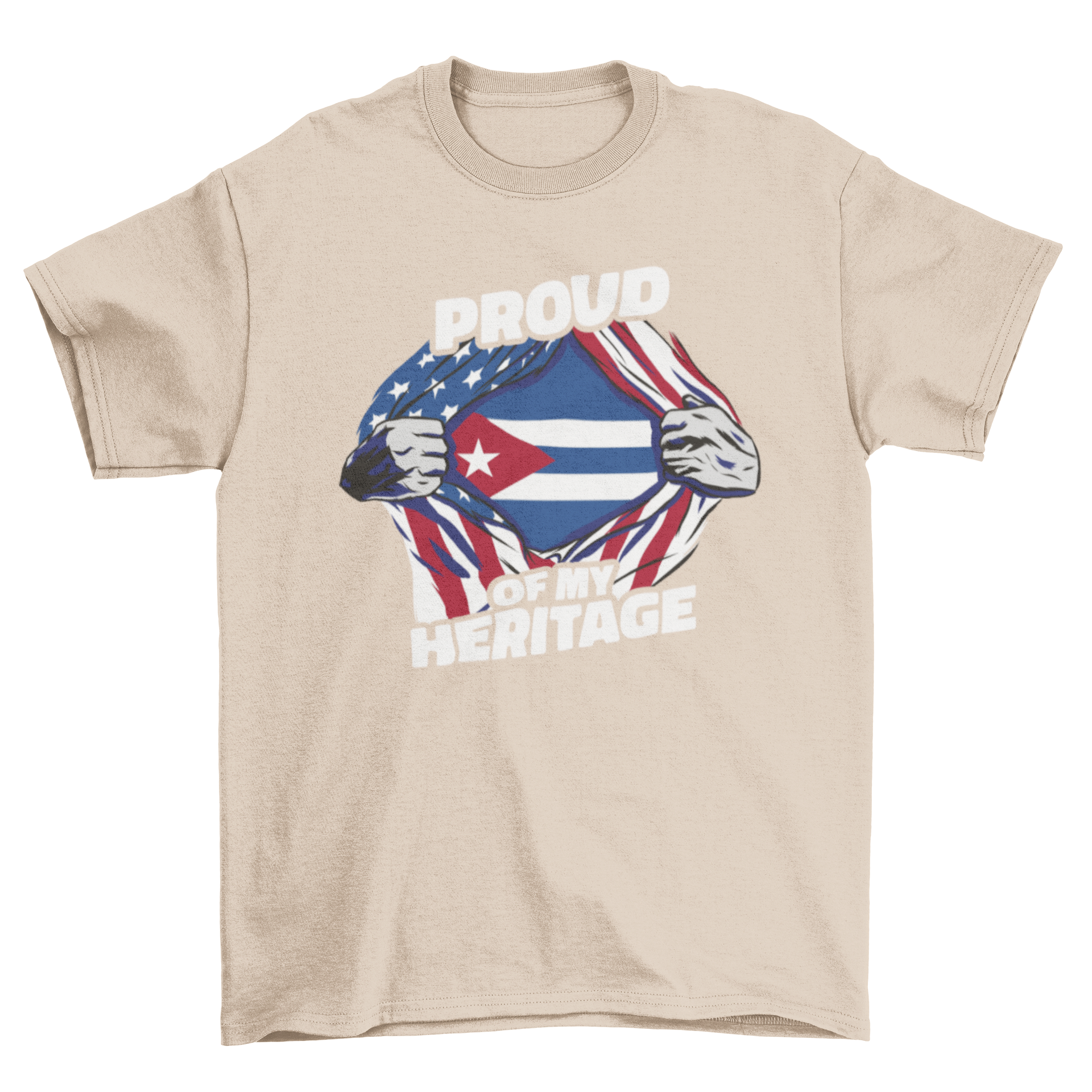 American-Cuban t-shirt featuring US and Cuban flags with the quote 'Proud of my heritage'.