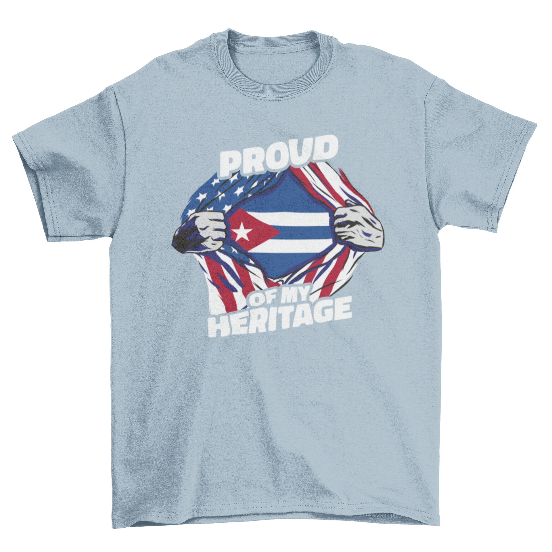 American-Cuban t-shirt featuring US and Cuban flags with the quote 'Proud of my heritage'.