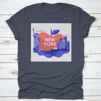 A stylish t-shirt featuring an apple design with the Statue of Liberty and New York City skyline, made from high-quality cotton.