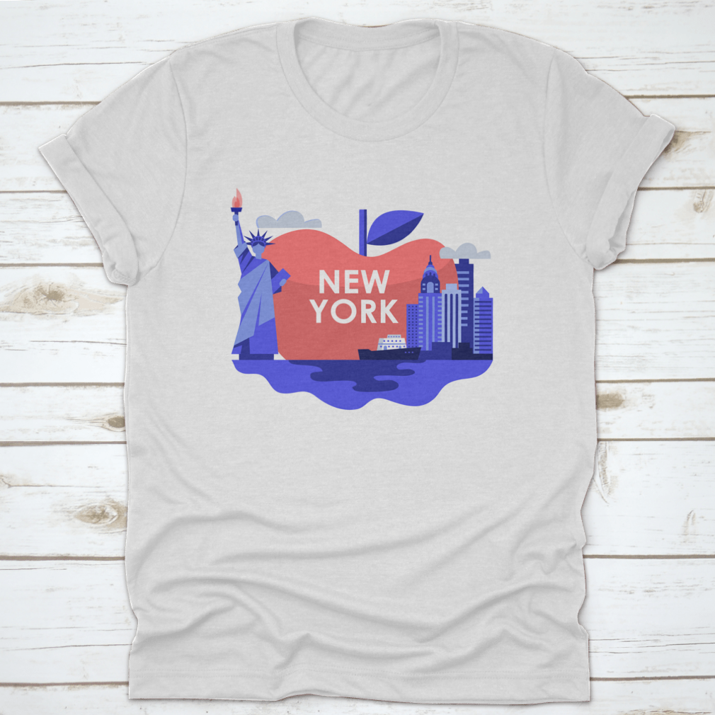 A stylish t-shirt featuring an apple design with the Statue of Liberty and New York City skyline, made from high-quality cotton.