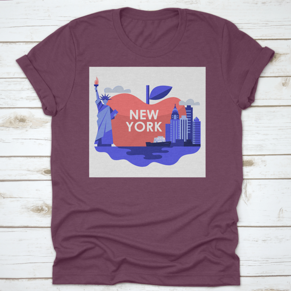 A stylish t-shirt featuring an apple design with the Statue of Liberty and New York City skyline, made from high-quality cotton.