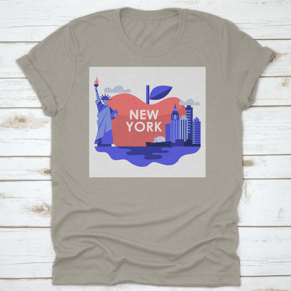 A stylish t-shirt featuring an apple design with the Statue of Liberty and New York City skyline, made from high-quality cotton.