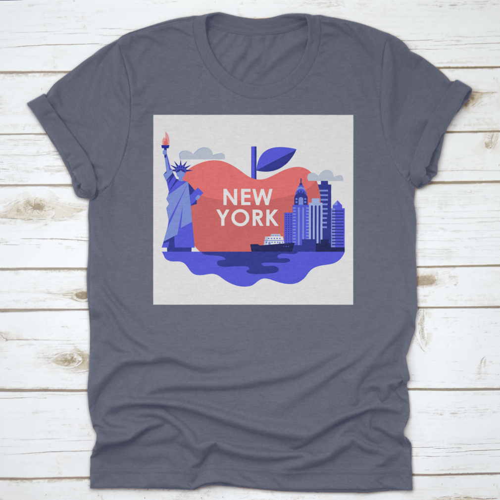 A stylish t-shirt featuring an apple design with the Statue of Liberty and New York City skyline, made from high-quality cotton.