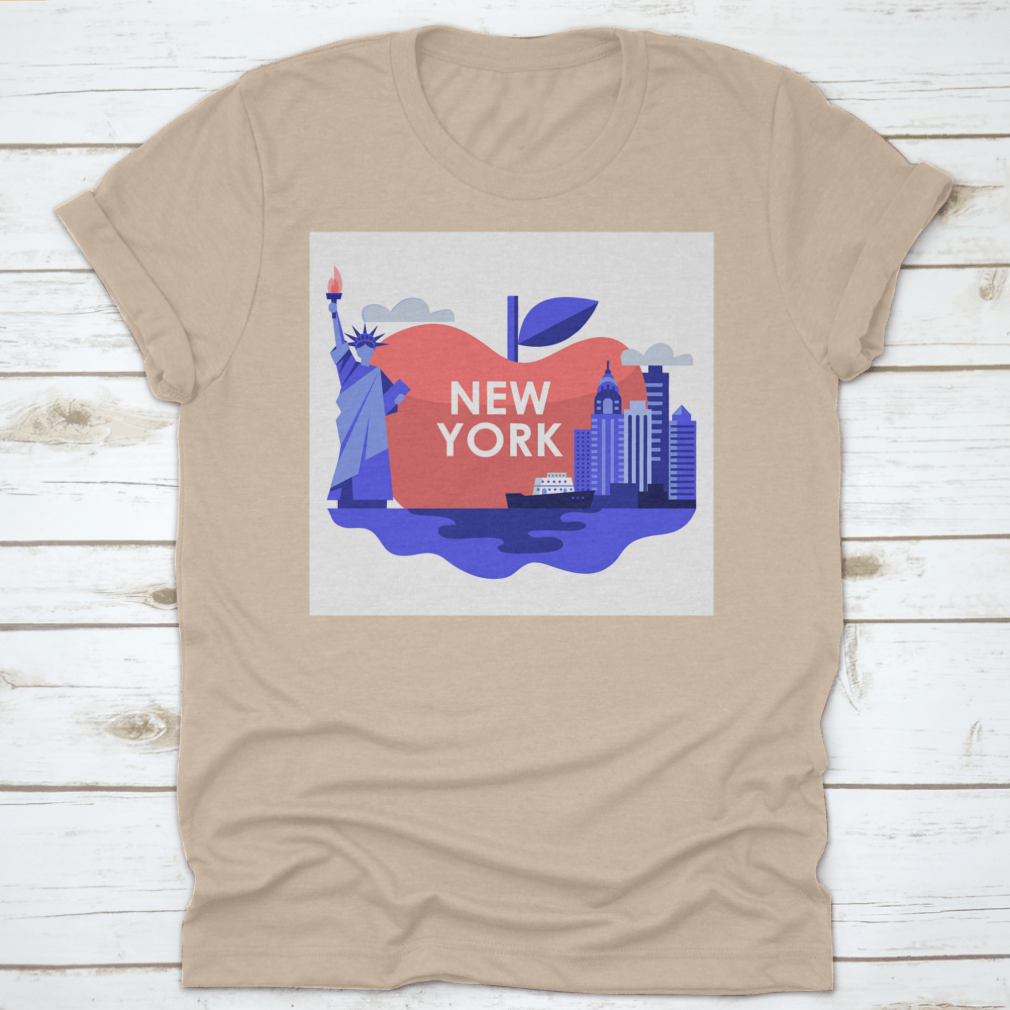 A stylish t-shirt featuring an apple design with the Statue of Liberty and New York City skyline, made from high-quality cotton.