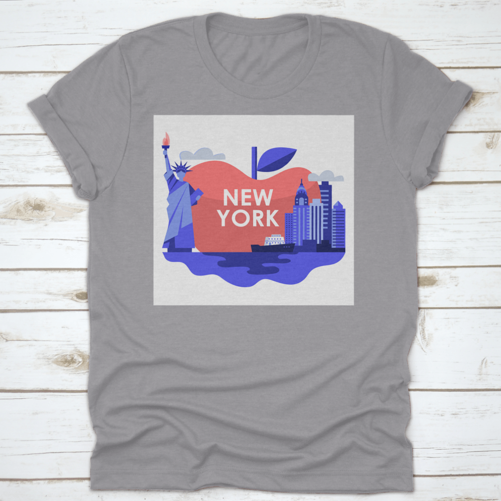 A stylish t-shirt featuring an apple design with the Statue of Liberty and New York City skyline, made from high-quality cotton.