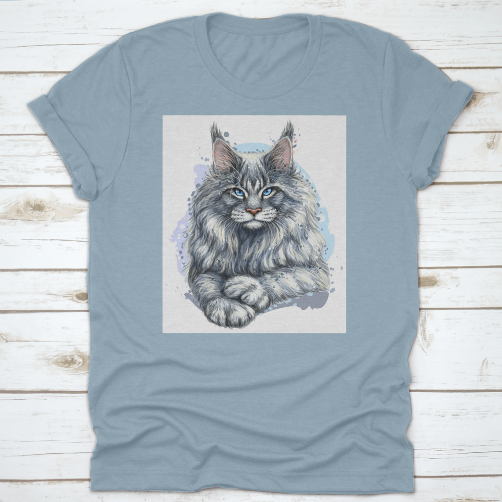 Artistic portrait of a beautiful Maine Coon cat on a soft cotton t-shirt, showcasing its majestic features and vibrant colors.