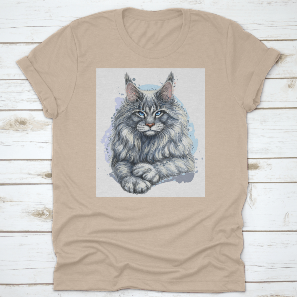 Artistic portrait of a beautiful Maine Coon cat on a soft cotton t-shirt, showcasing its majestic features and vibrant colors.