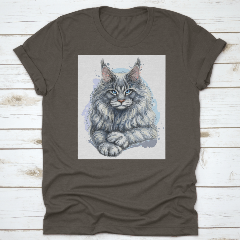 Artistic portrait of a beautiful Maine Coon cat on a soft cotton t-shirt, showcasing its majestic features and vibrant colors.