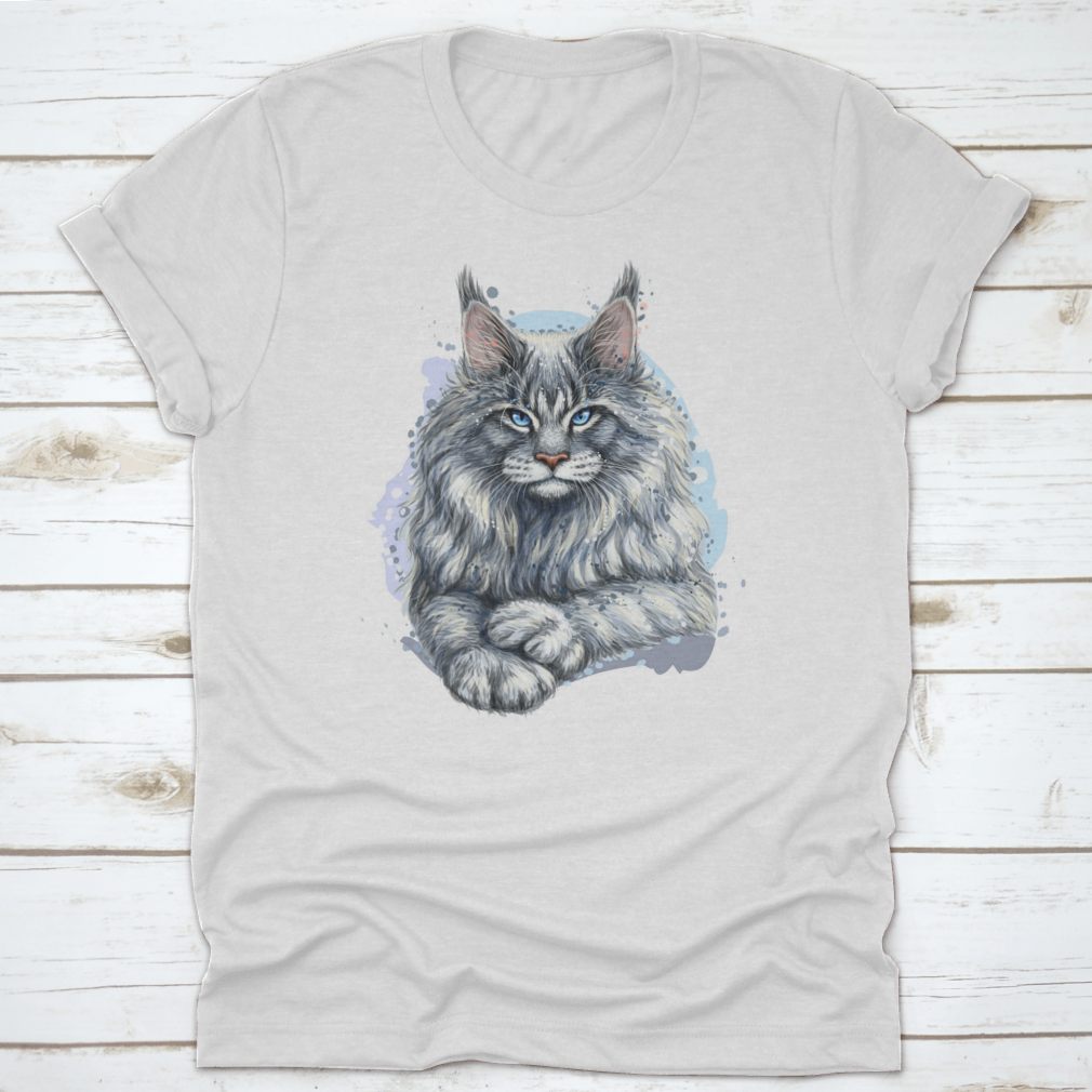 Artistic portrait of a beautiful Maine Coon cat on a soft cotton t-shirt, showcasing its majestic features and vibrant colors.