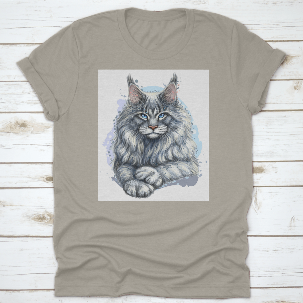 Artistic portrait of a beautiful Maine Coon cat on a soft cotton t-shirt, showcasing its majestic features and vibrant colors.