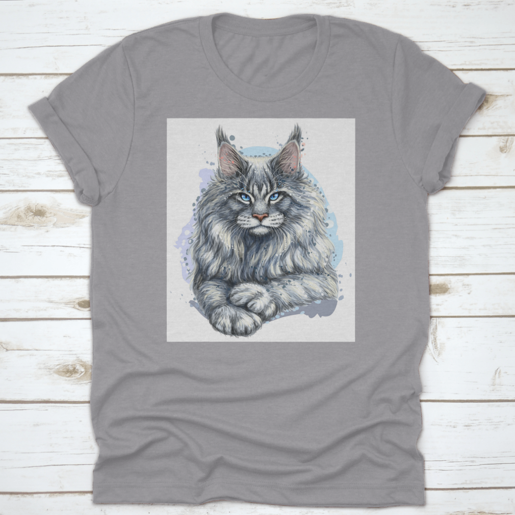 Artistic portrait of a beautiful Maine Coon cat on a soft cotton t-shirt, showcasing its majestic features and vibrant colors.