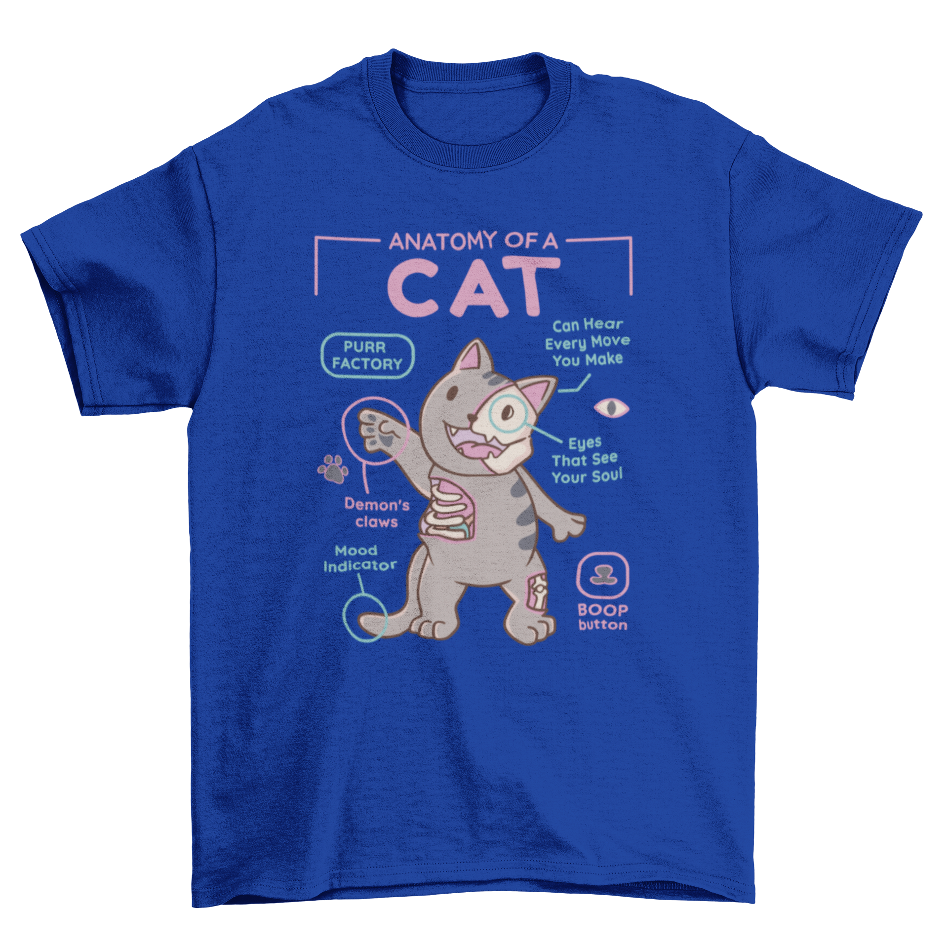 A stylish t-shirt featuring a detailed illustration of a cat's anatomy, showcasing various internal organs and structures.