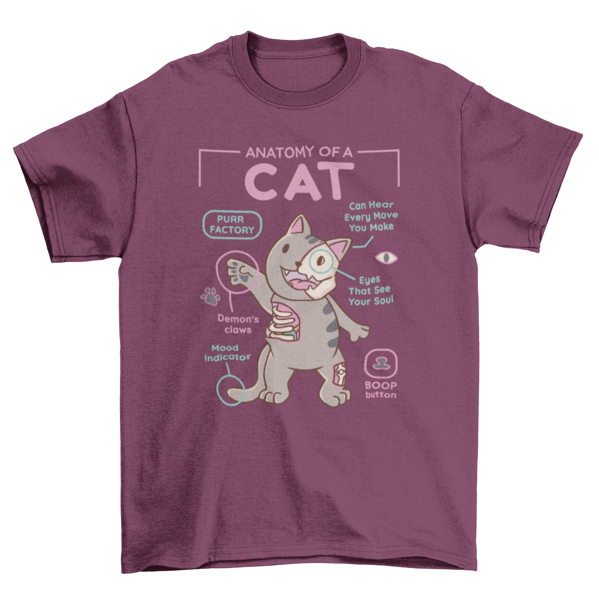 A stylish t-shirt featuring a detailed illustration of a cat's anatomy, showcasing various internal organs and structures.