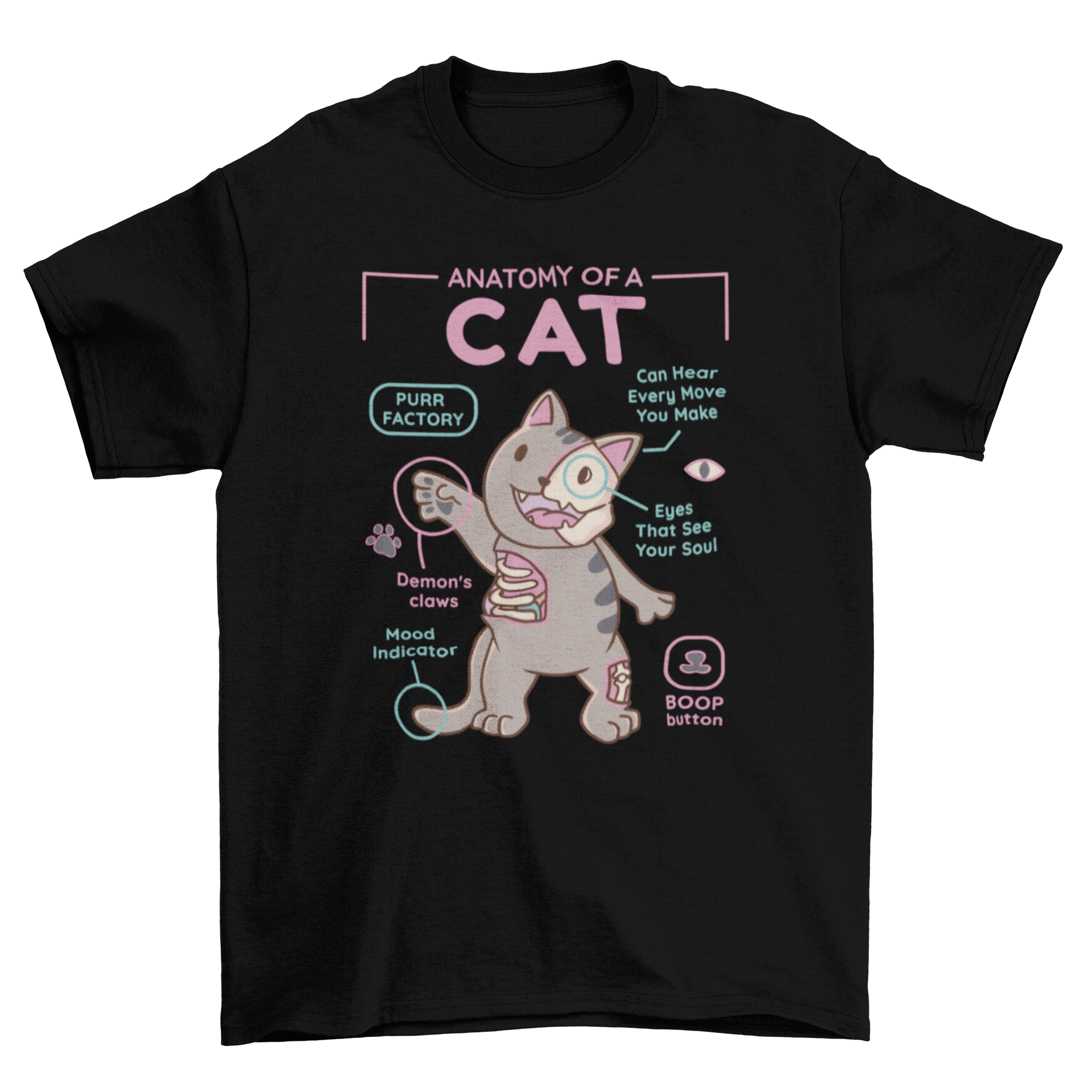 A stylish t-shirt featuring a detailed illustration of a cat's anatomy, showcasing various internal organs and structures.