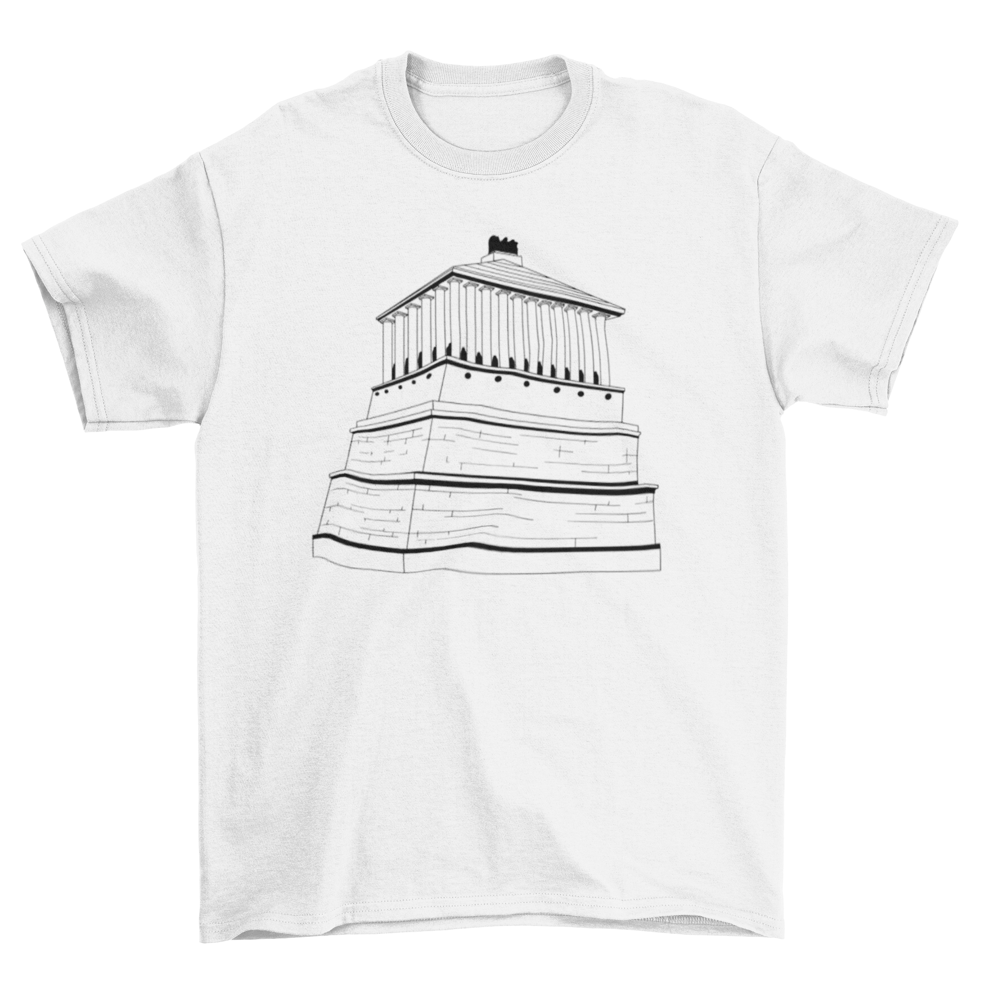 A stylish t-shirt featuring the intricate design of the Ancient Museum of Halicarnassus, showcasing its architectural beauty.