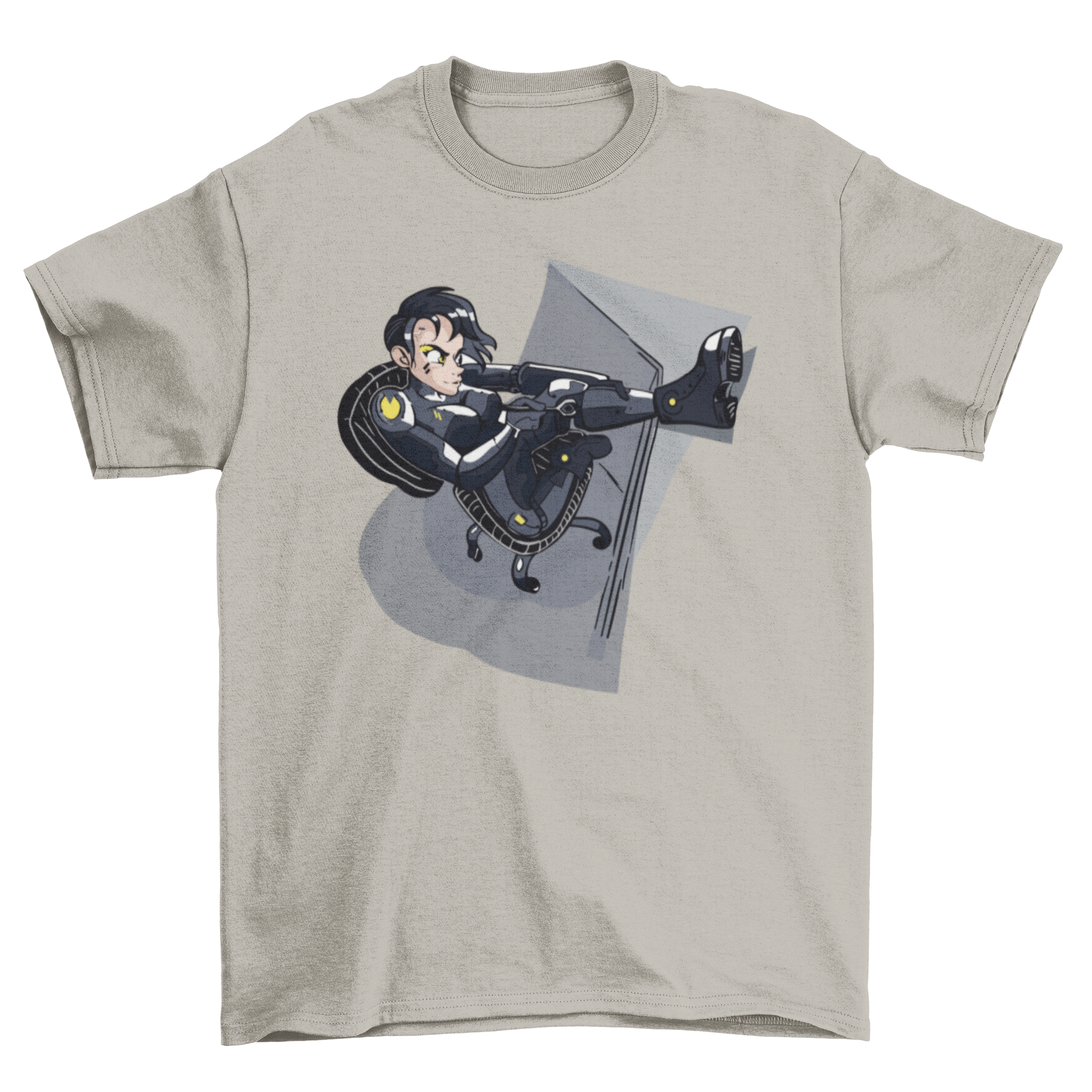 A stylish Android woman t-shirt featuring an illustration of a futuristic android woman building herself.