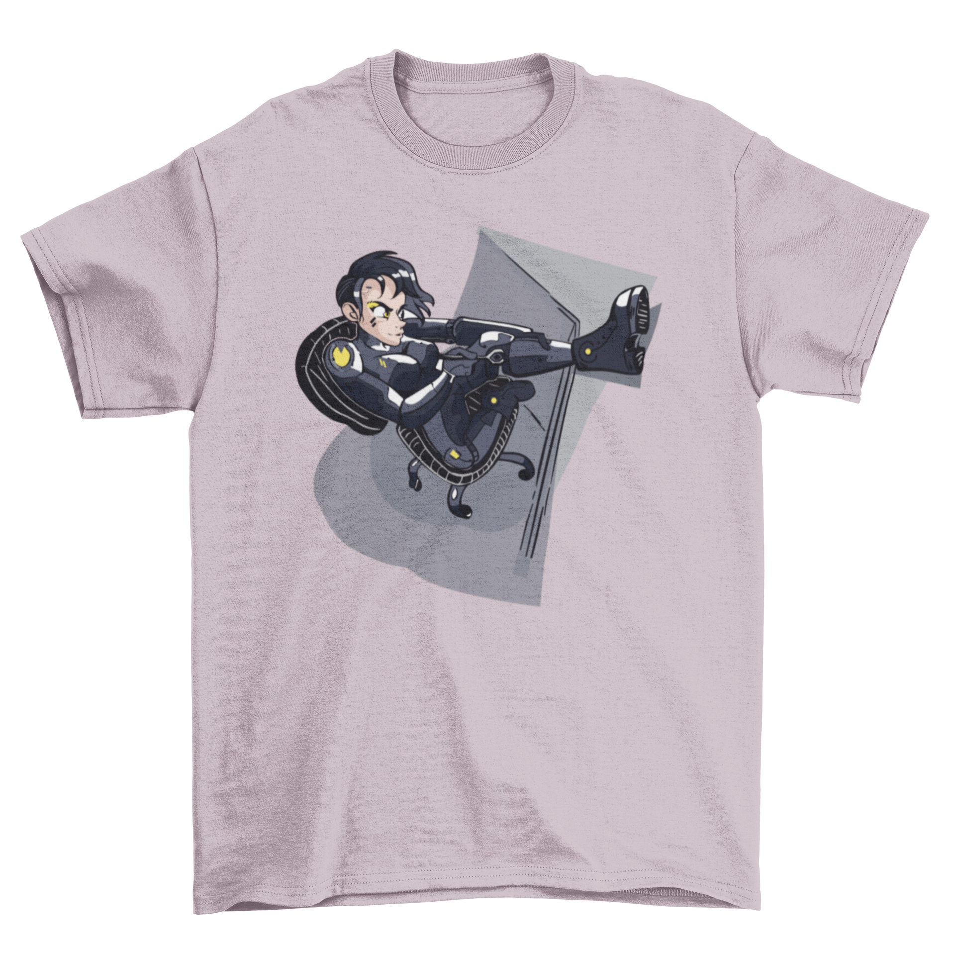 A stylish Android woman t-shirt featuring an illustration of a futuristic android woman building herself.