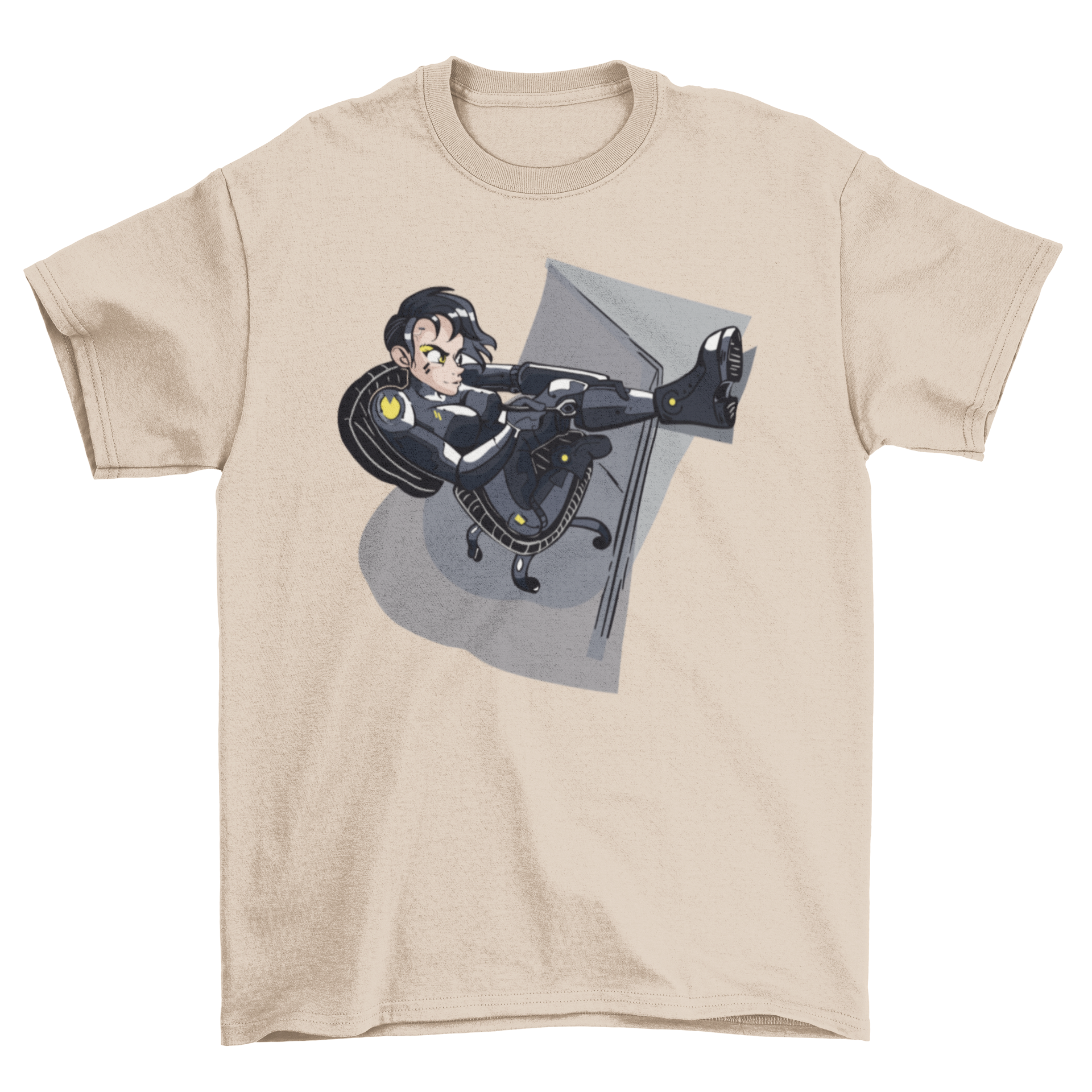 A stylish Android woman t-shirt featuring an illustration of a futuristic android woman building herself.