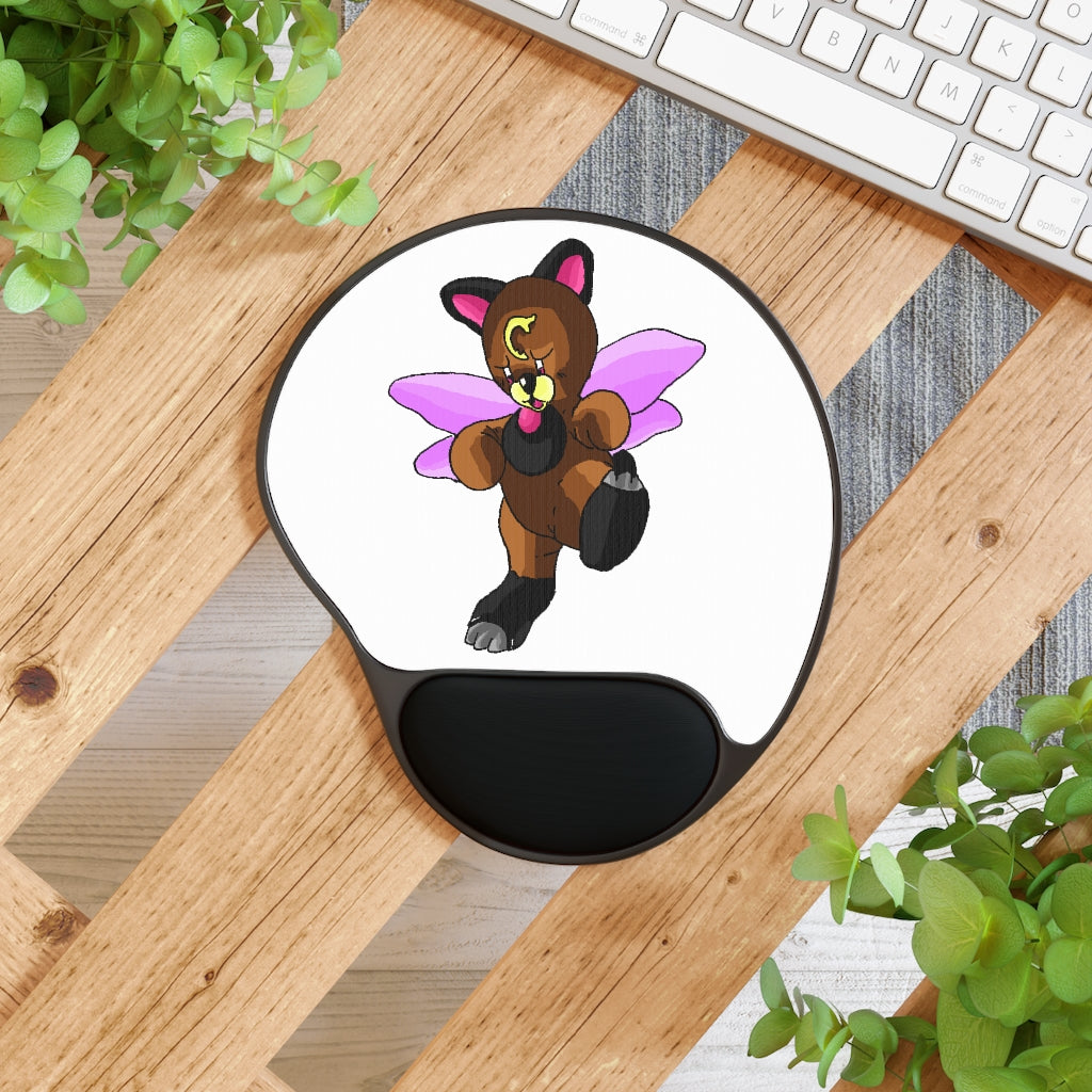 Angebear Mouse Pad with ergonomic Memory Foam wrist rest and custom-printed neoprene insert, featuring a foot-shaped black plastic base.