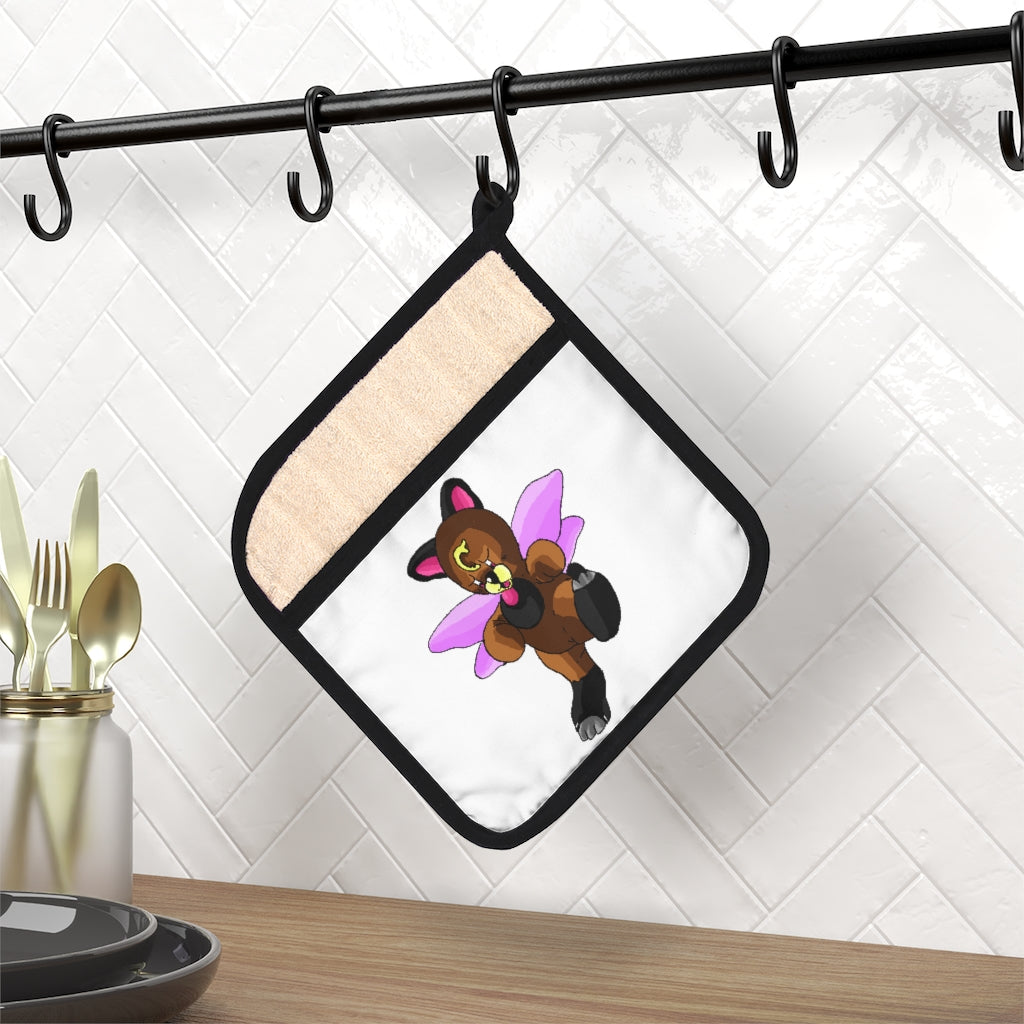 Angebear Pot Holder with Pocket, featuring a stylish design and black cotton hanging loop, perfect for kitchen use.