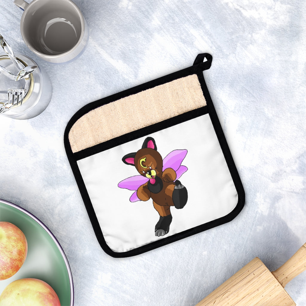 Angebear Pot Holder with Pocket, featuring a stylish design and black cotton hanging loop, perfect for kitchen use.