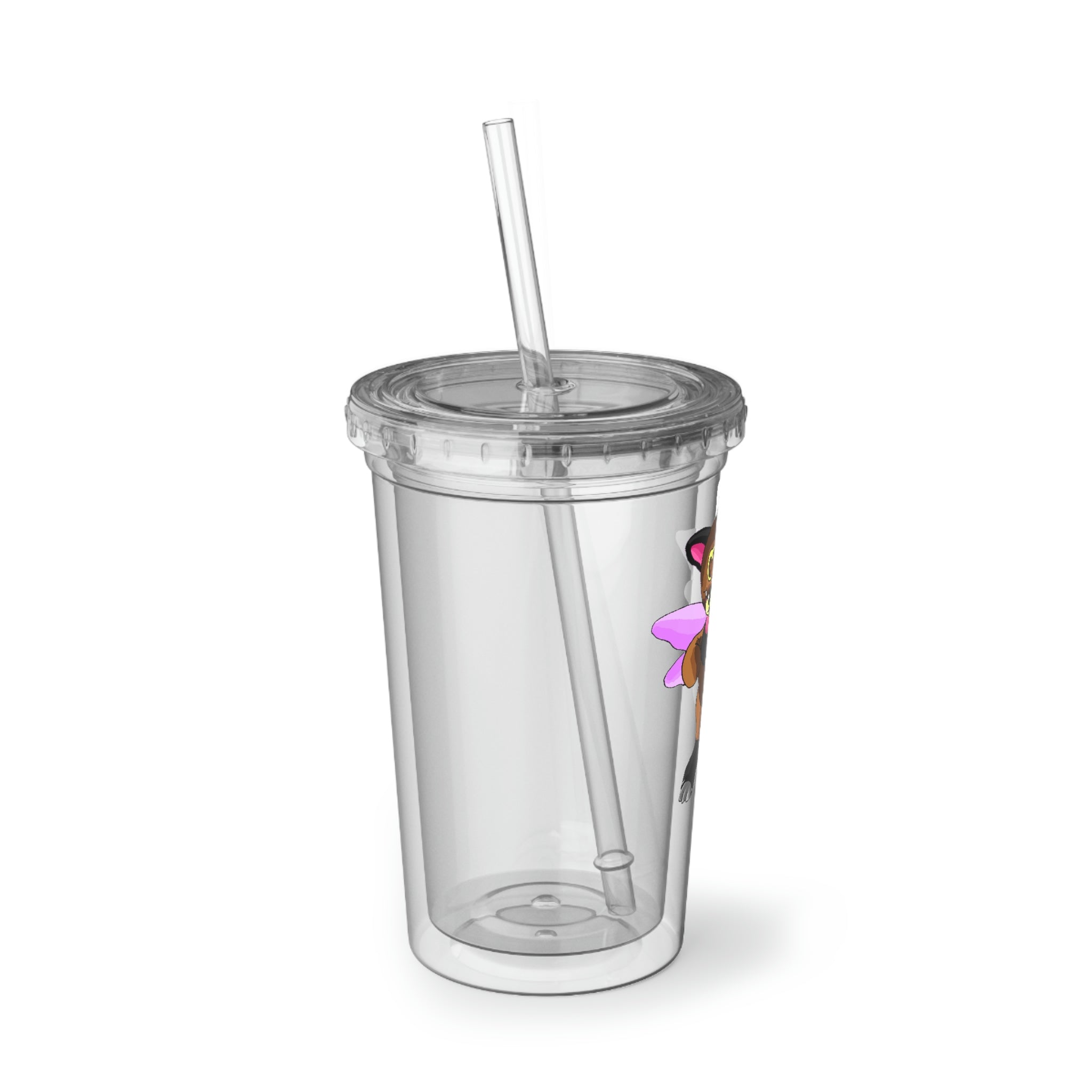 Angebear Suave Acrylic Cup in stainless steel with a black screw-on cap and plastic straw, showcasing a customizable design.