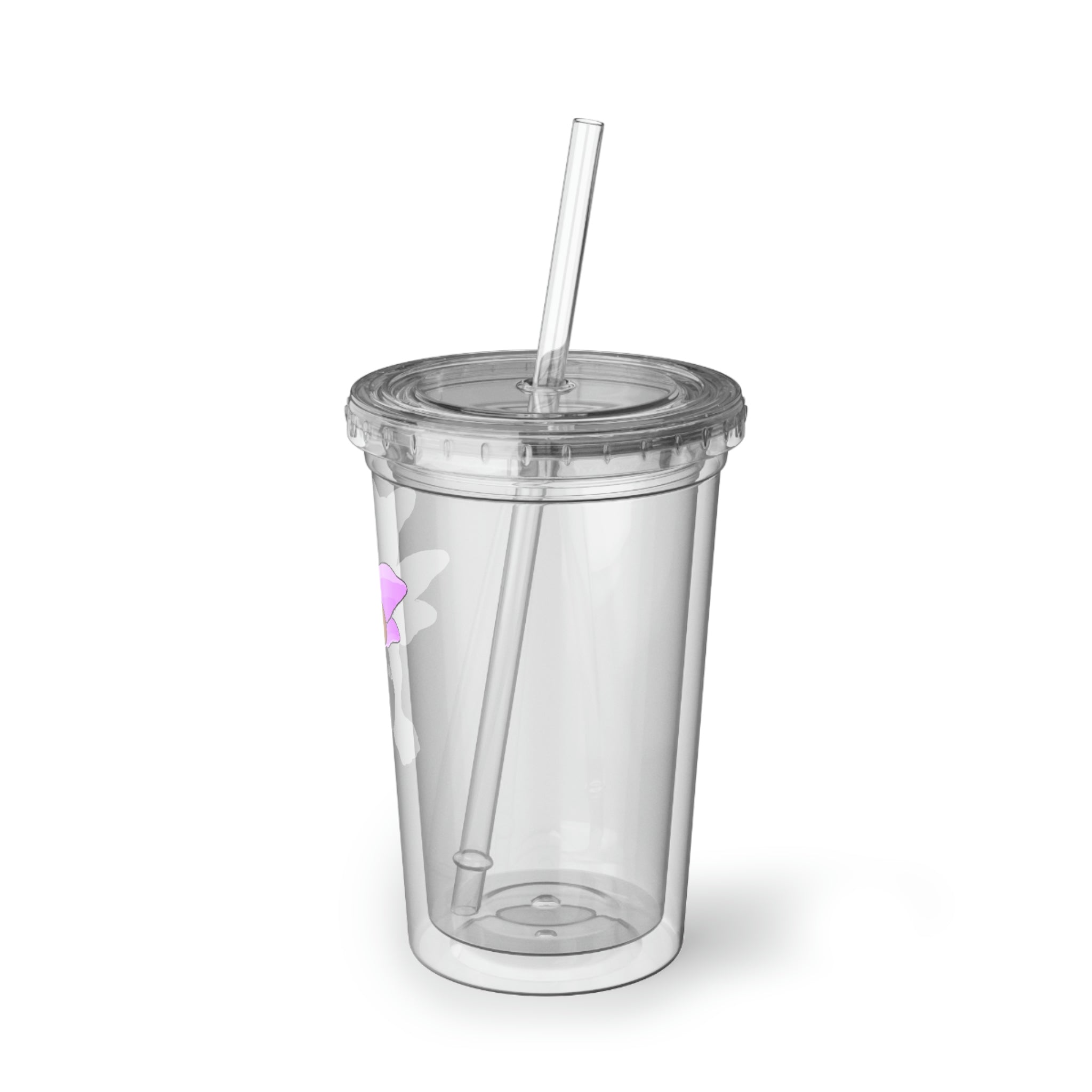 Angebear Suave Acrylic Cup in stainless steel with a black screw-on cap and plastic straw, showcasing a customizable design.