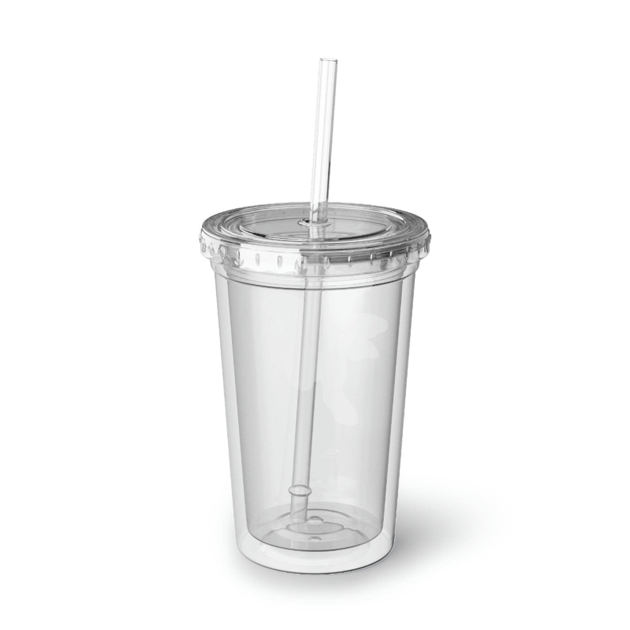 Angebear Suave Acrylic Cup in stainless steel with a black screw-on cap and plastic straw, showcasing a customizable design.