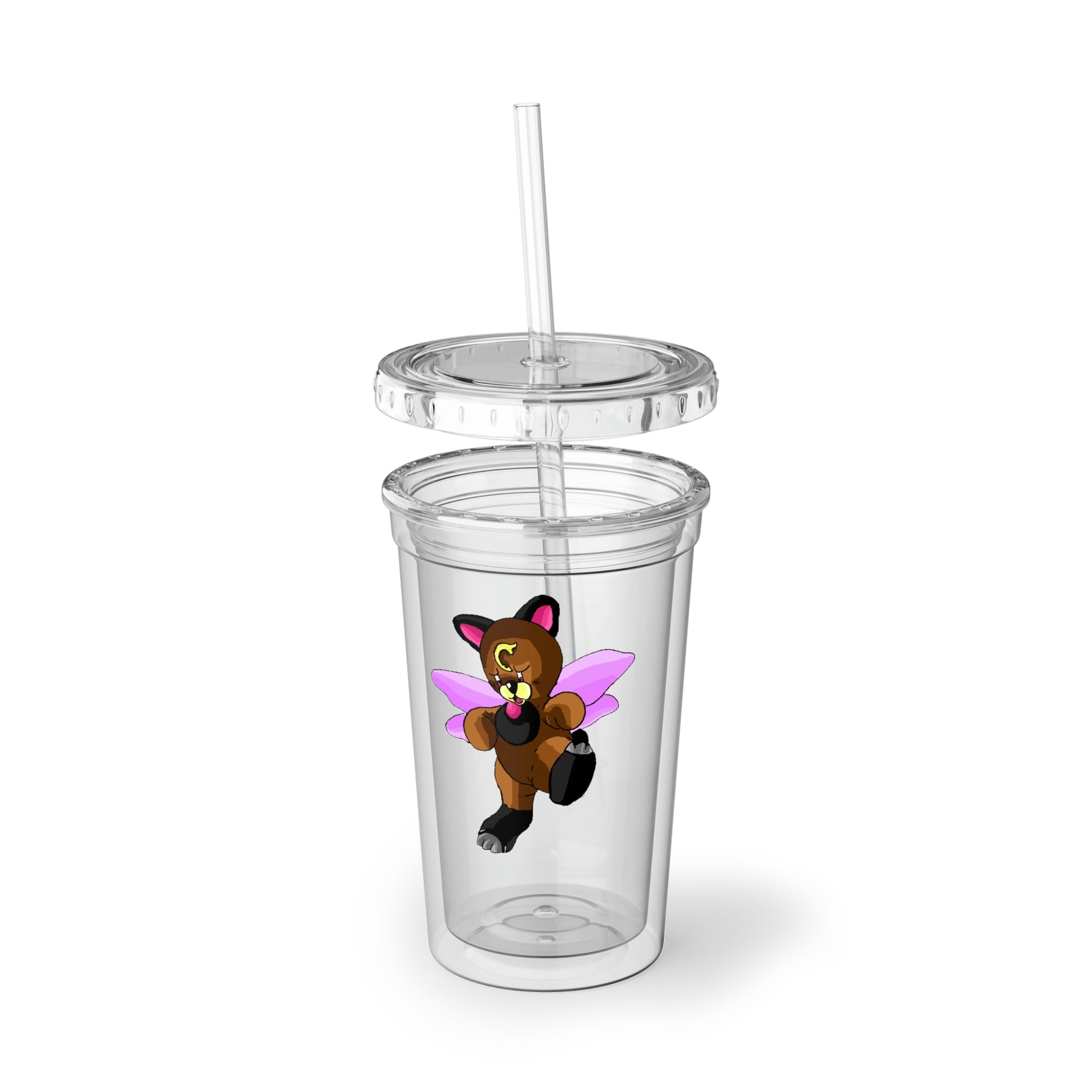 Angebear Suave Acrylic Cup in stainless steel with a black screw-on cap and plastic straw, showcasing a customizable design.