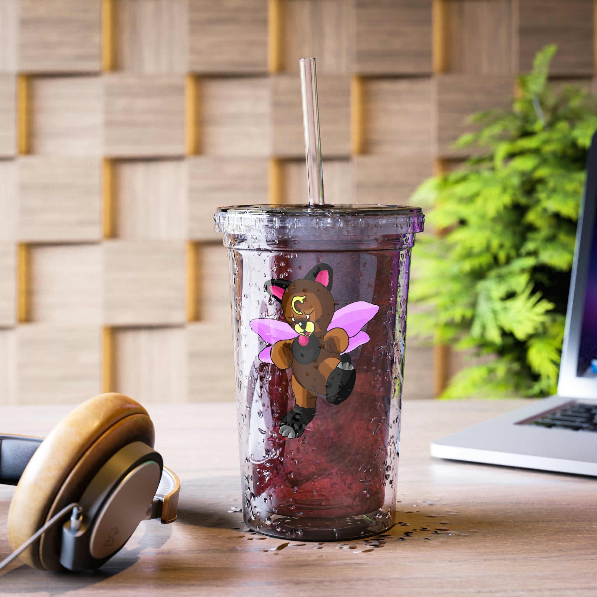 Angebear Suave Acrylic Cup in stainless steel with a black screw-on cap and plastic straw, showcasing a customizable design.