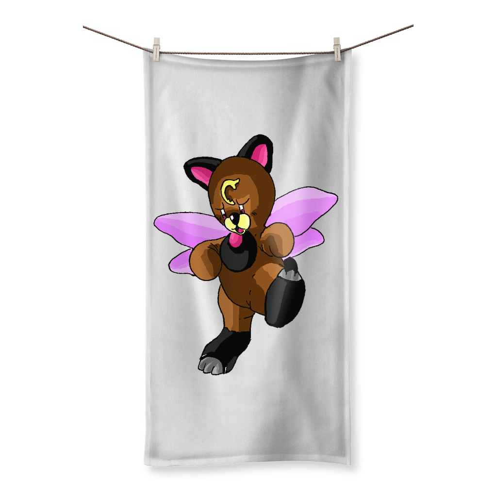 Angebear Sublimation All Over Towel showcasing vibrant prints on one side and soft cotton backing on the other, available in various sizes.