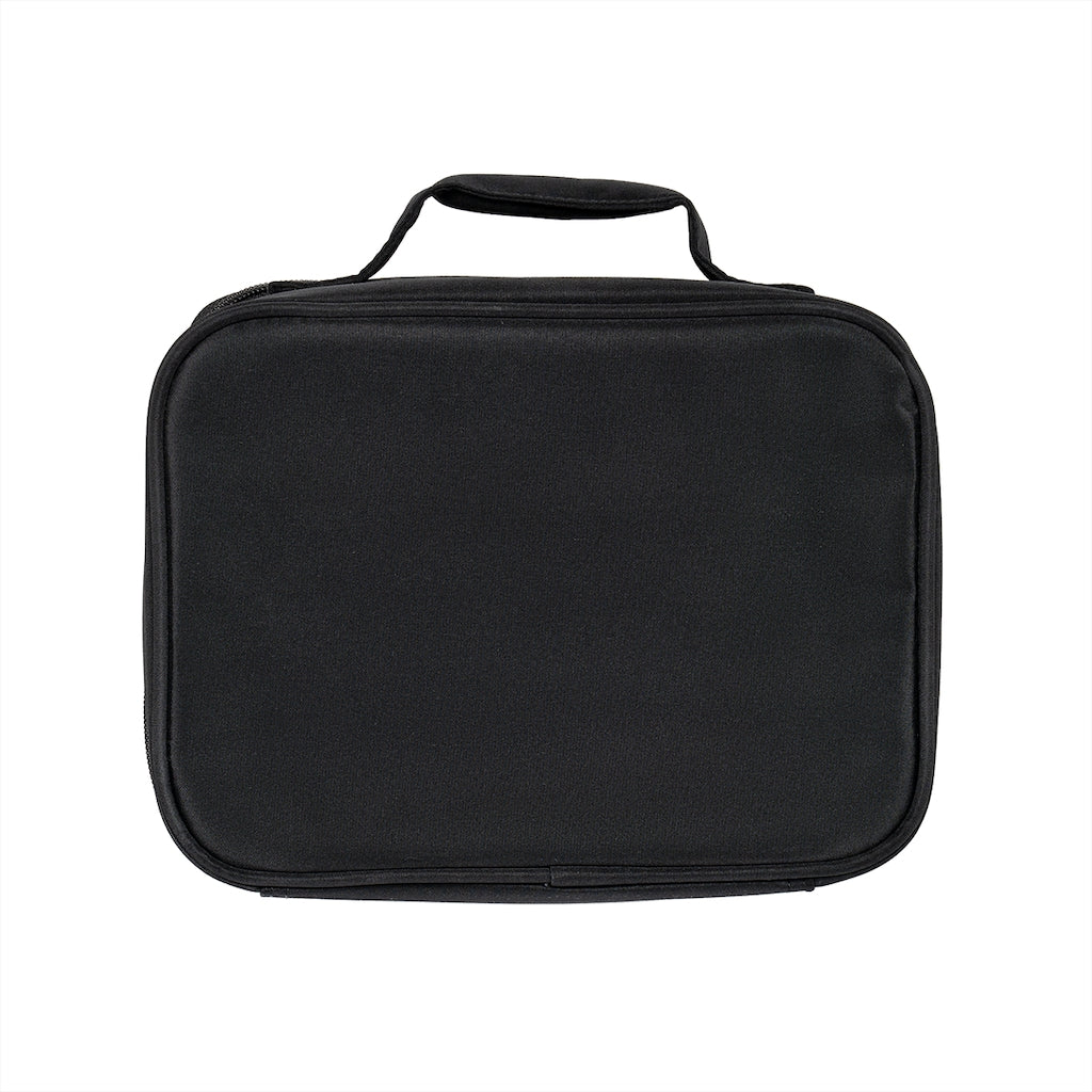 Angeburdum Lunch Bag featuring a black exterior with a customizable white area, zippered closure, and a convenient carrying handle.