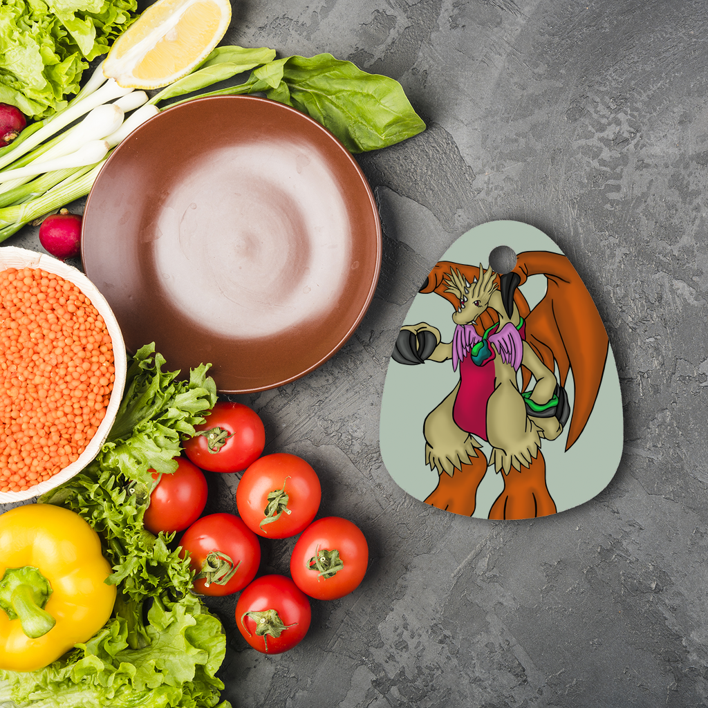 Angehardragon Sublimation Glass Cutting Board in water droplet shape, showcasing vibrant custom designs and logos.