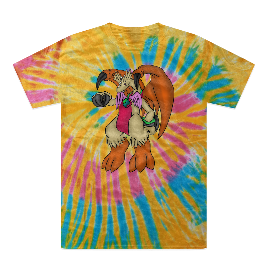 Angechardragon Tie-Dye T-Shirt featuring vibrant colors and unique patterns, made from 100% heavyweight cotton with a double-needle stitched neckline.