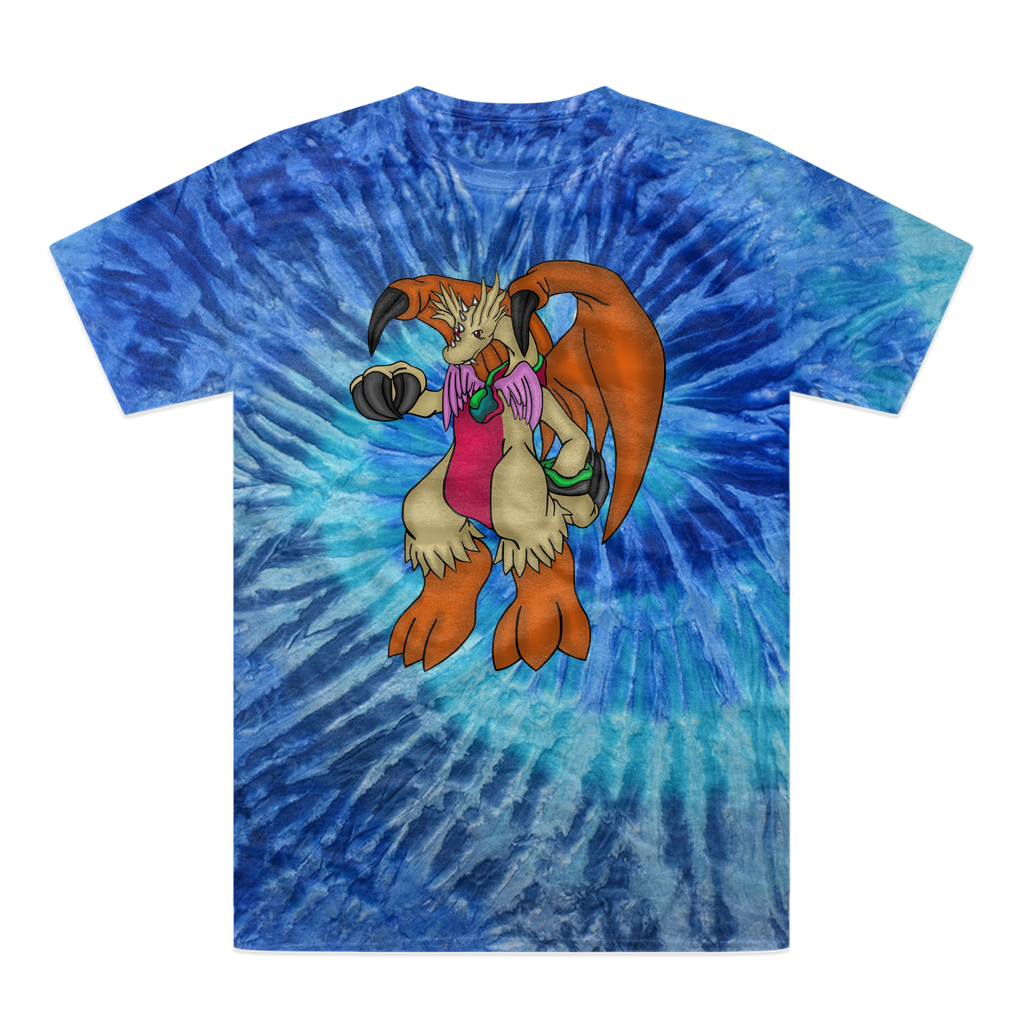 Angechardragon Tie-Dye T-Shirt featuring vibrant colors and unique patterns, made from 100% heavyweight cotton with a double-needle stitched neckline.