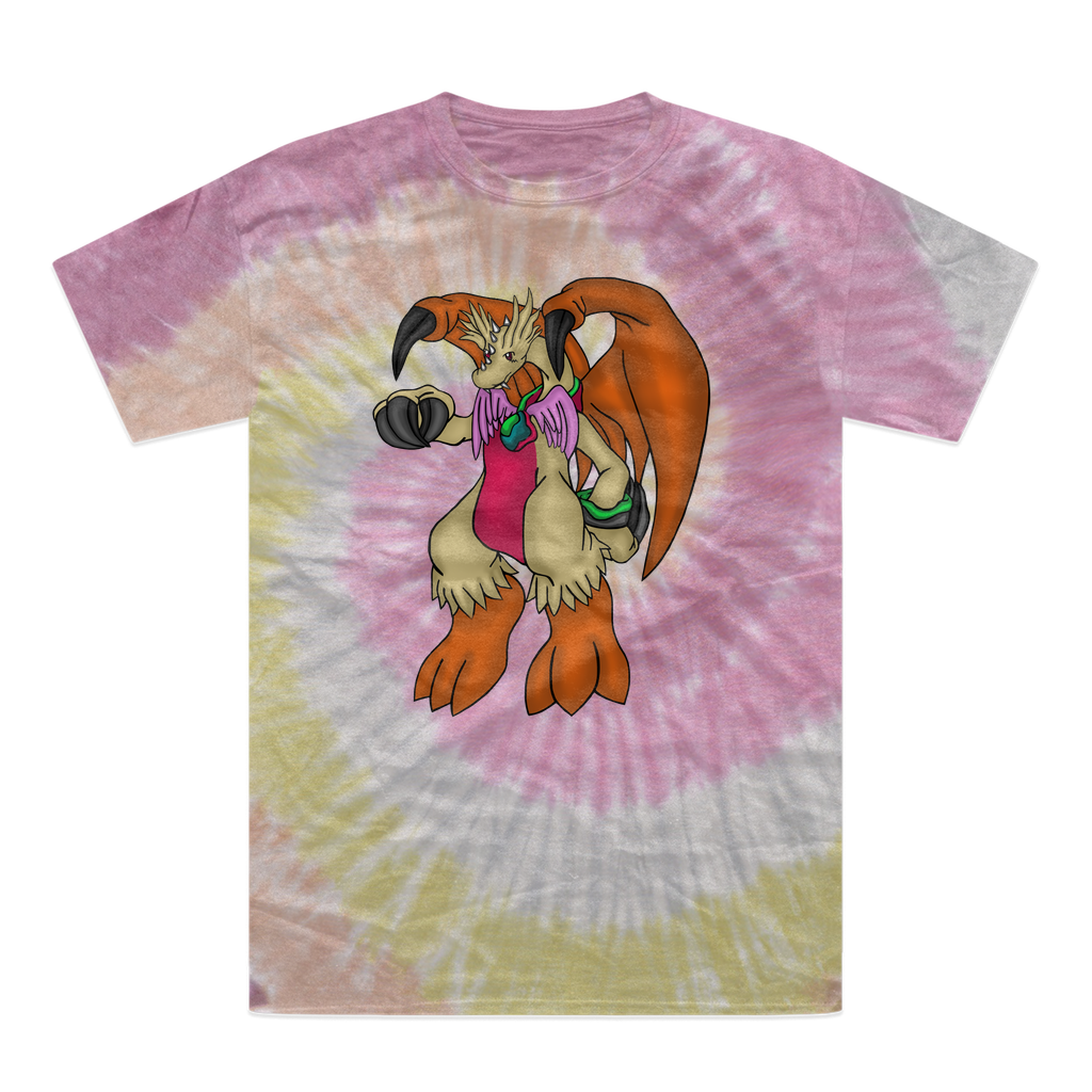 Angechardragon Tie-Dye T-Shirt featuring vibrant colors and unique patterns, made from 100% heavyweight cotton with a double-needle stitched neckline.