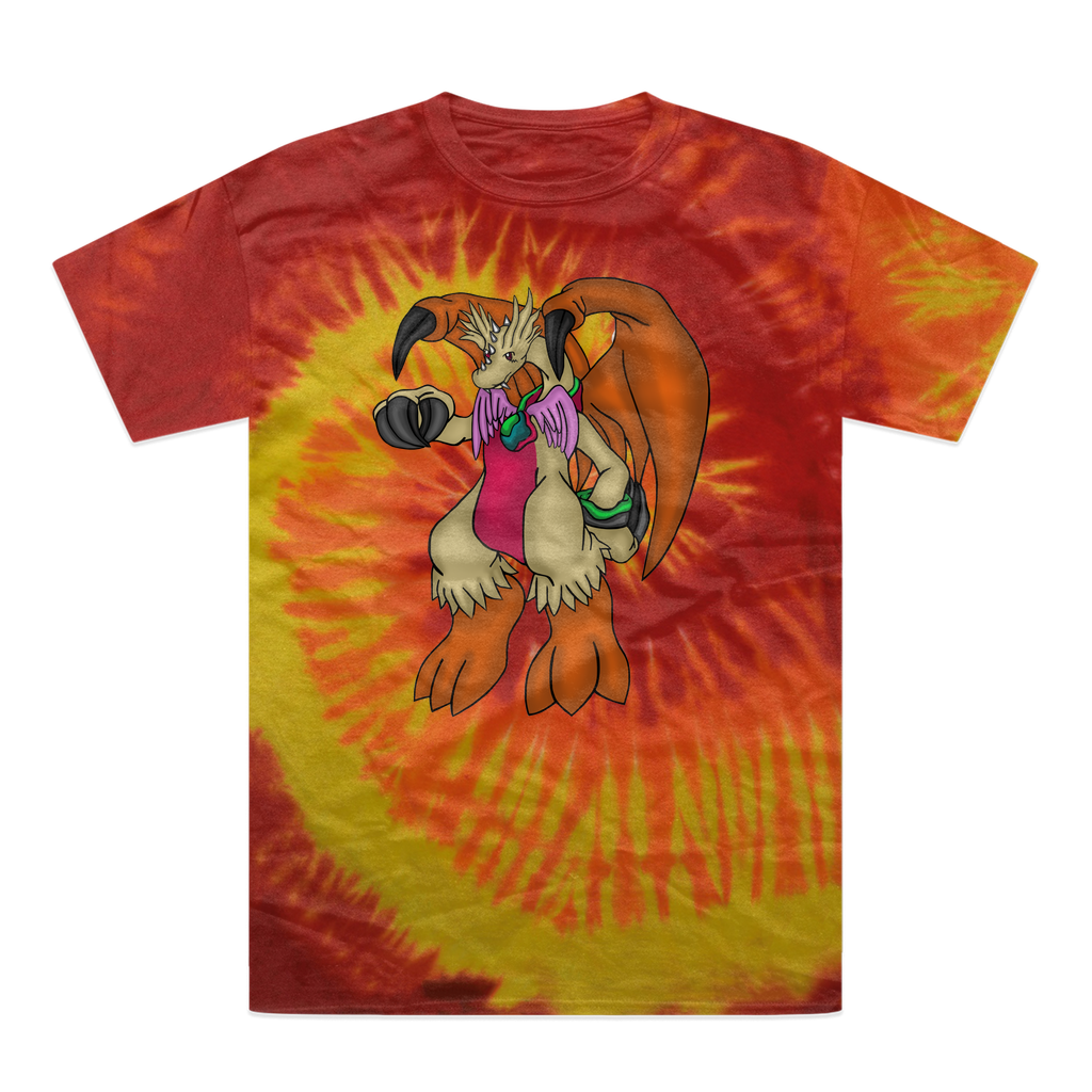 Angechardragon Tie-Dye T-Shirt featuring vibrant colors and unique patterns, made from 100% heavyweight cotton with a double-needle stitched neckline.