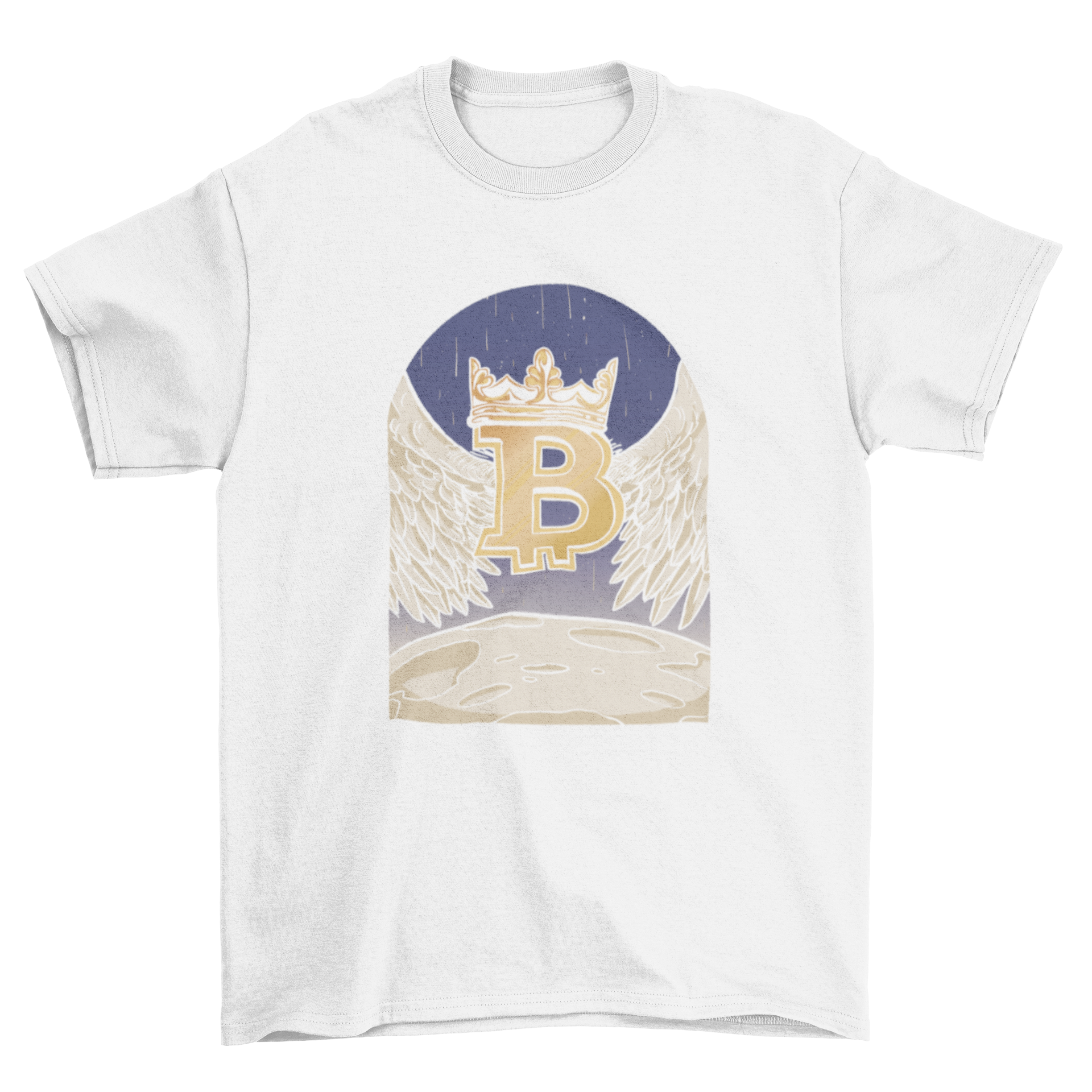 Angel Bitcoin t-shirt design featuring a winged bitcoin symbol landing on the moon, illustrated in vibrant colors.