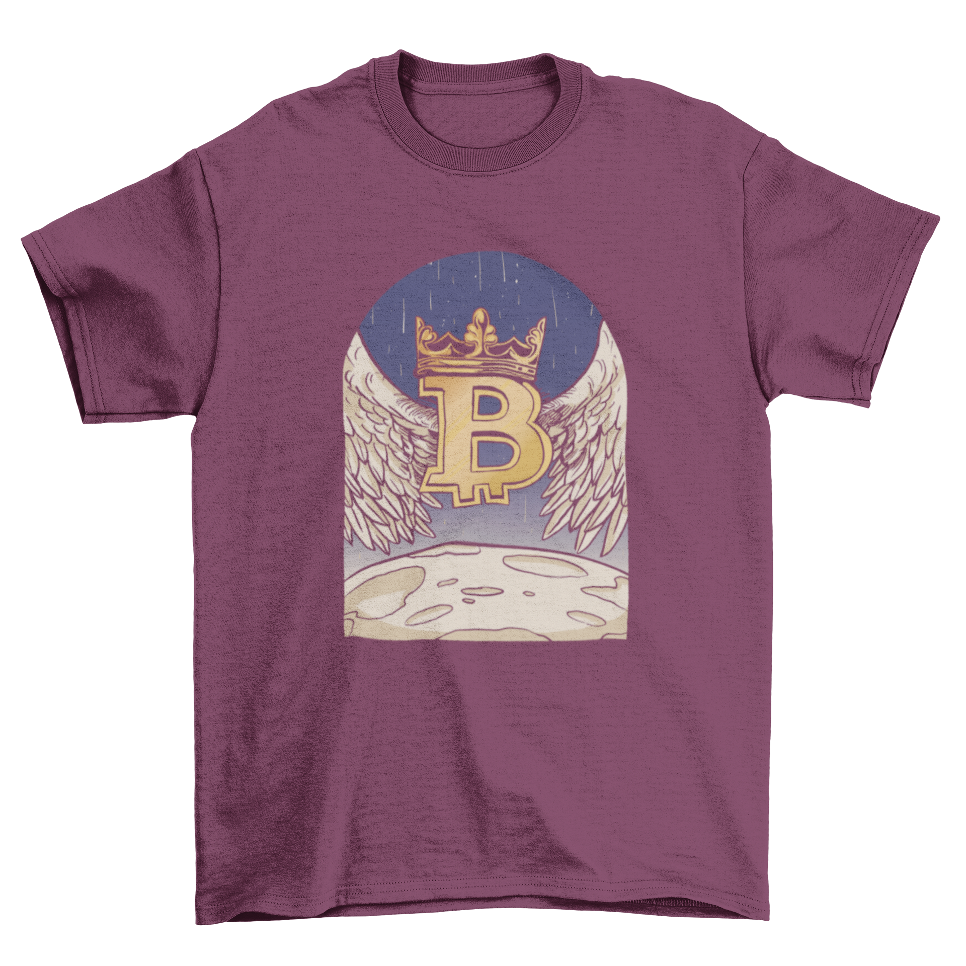 Angel Bitcoin t-shirt design featuring a winged bitcoin symbol landing on the moon, illustrated in vibrant colors.