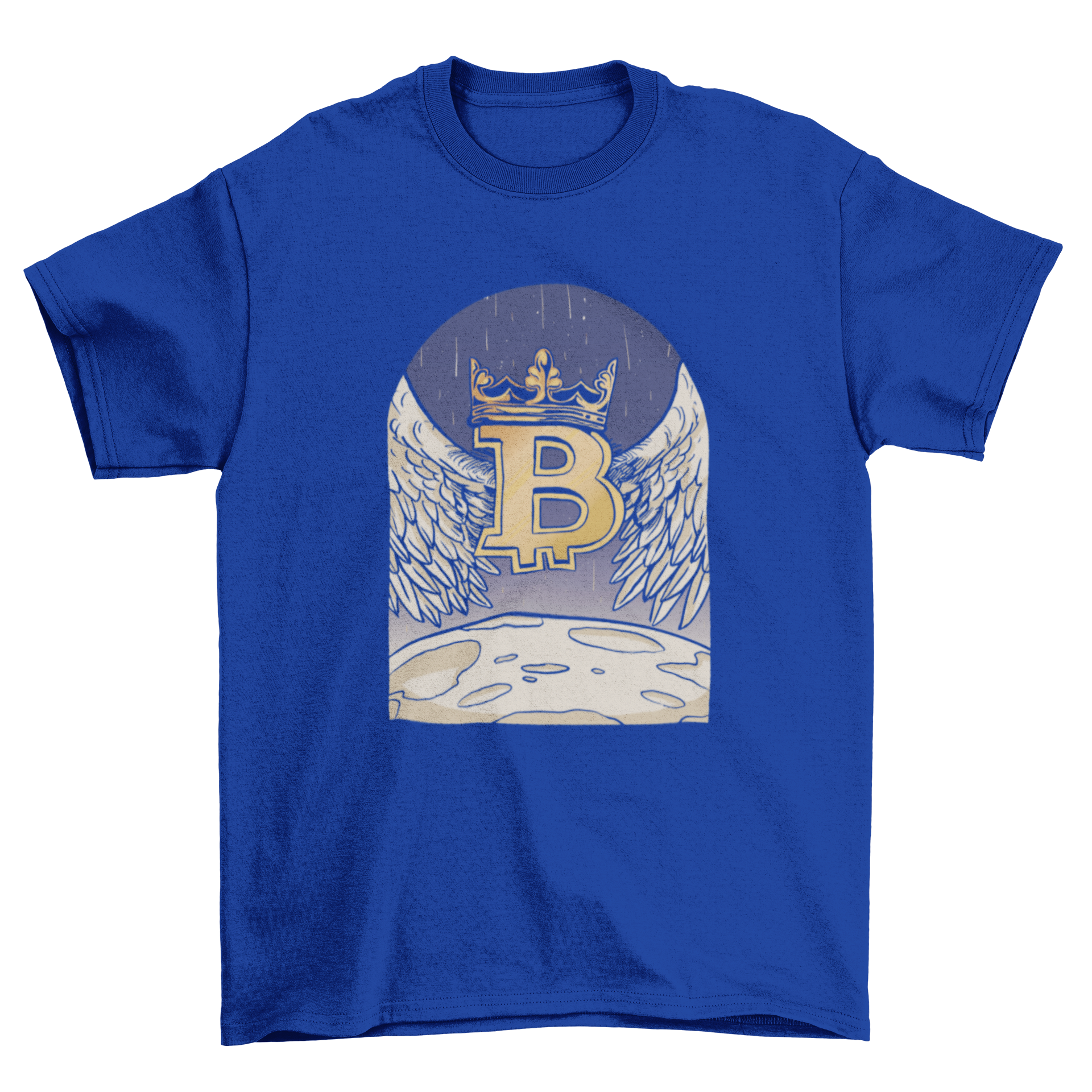 Angel Bitcoin t-shirt design featuring a winged bitcoin symbol landing on the moon, illustrated in vibrant colors.