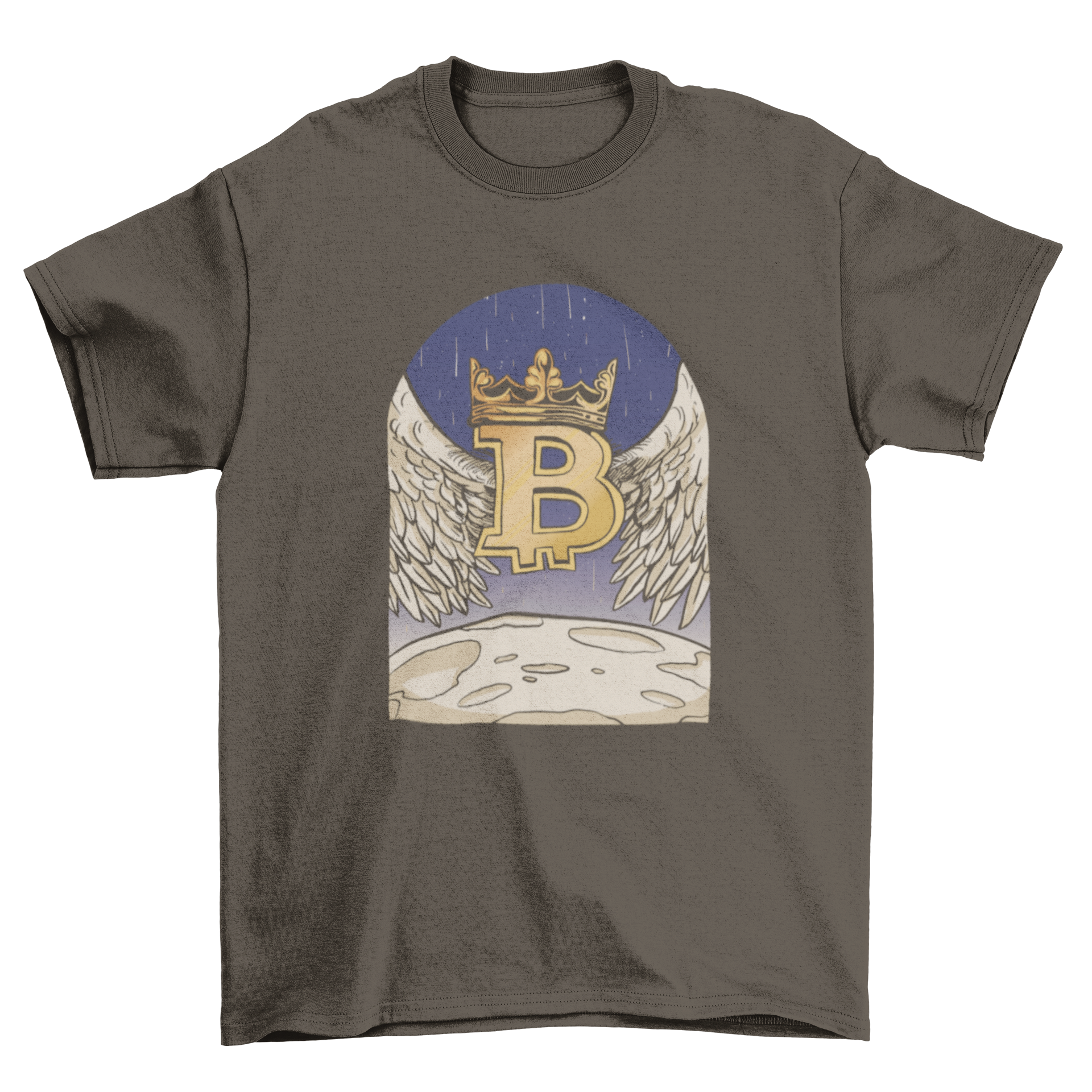 Angel Bitcoin t-shirt design featuring a winged bitcoin symbol landing on the moon, illustrated in vibrant colors.