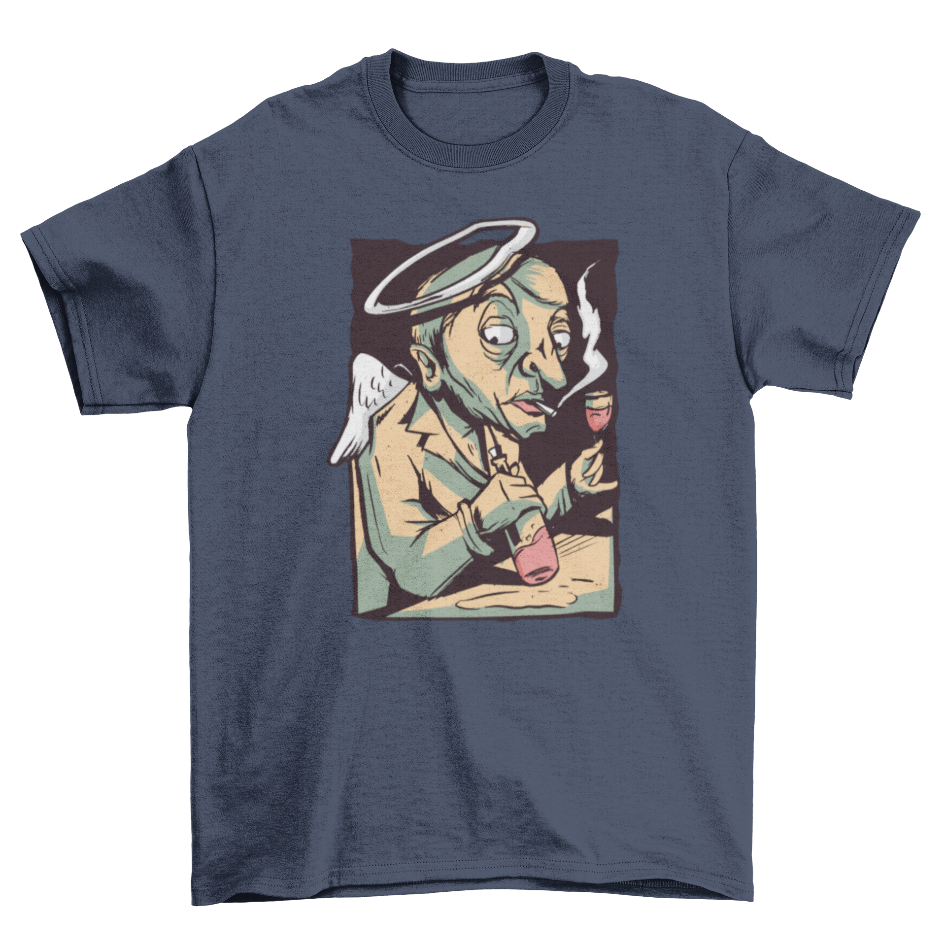 A humorous t-shirt featuring an angel illustration, smoking and drinking wine, showcasing a playful design.