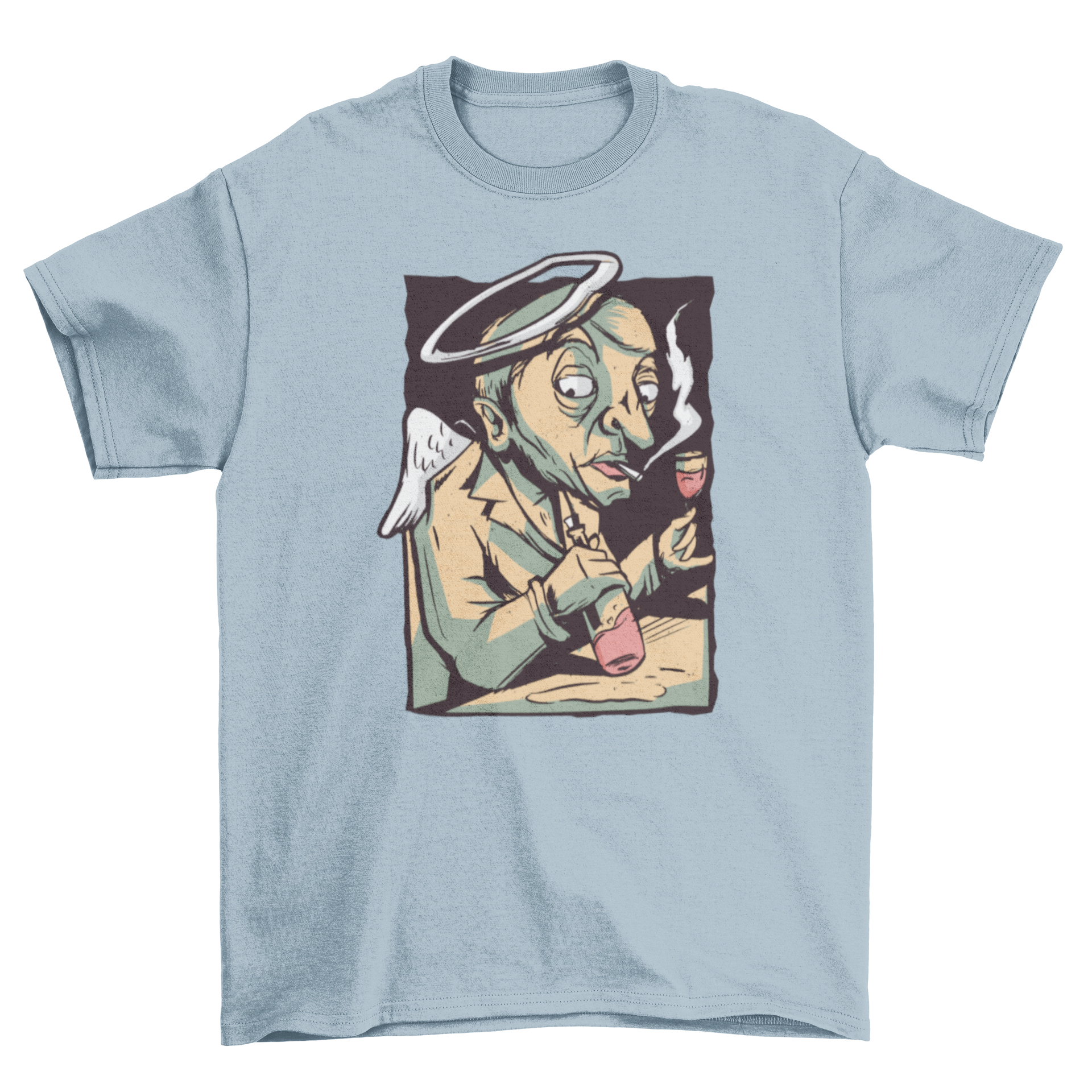 A humorous t-shirt featuring an angel illustration, smoking and drinking wine, showcasing a playful design.