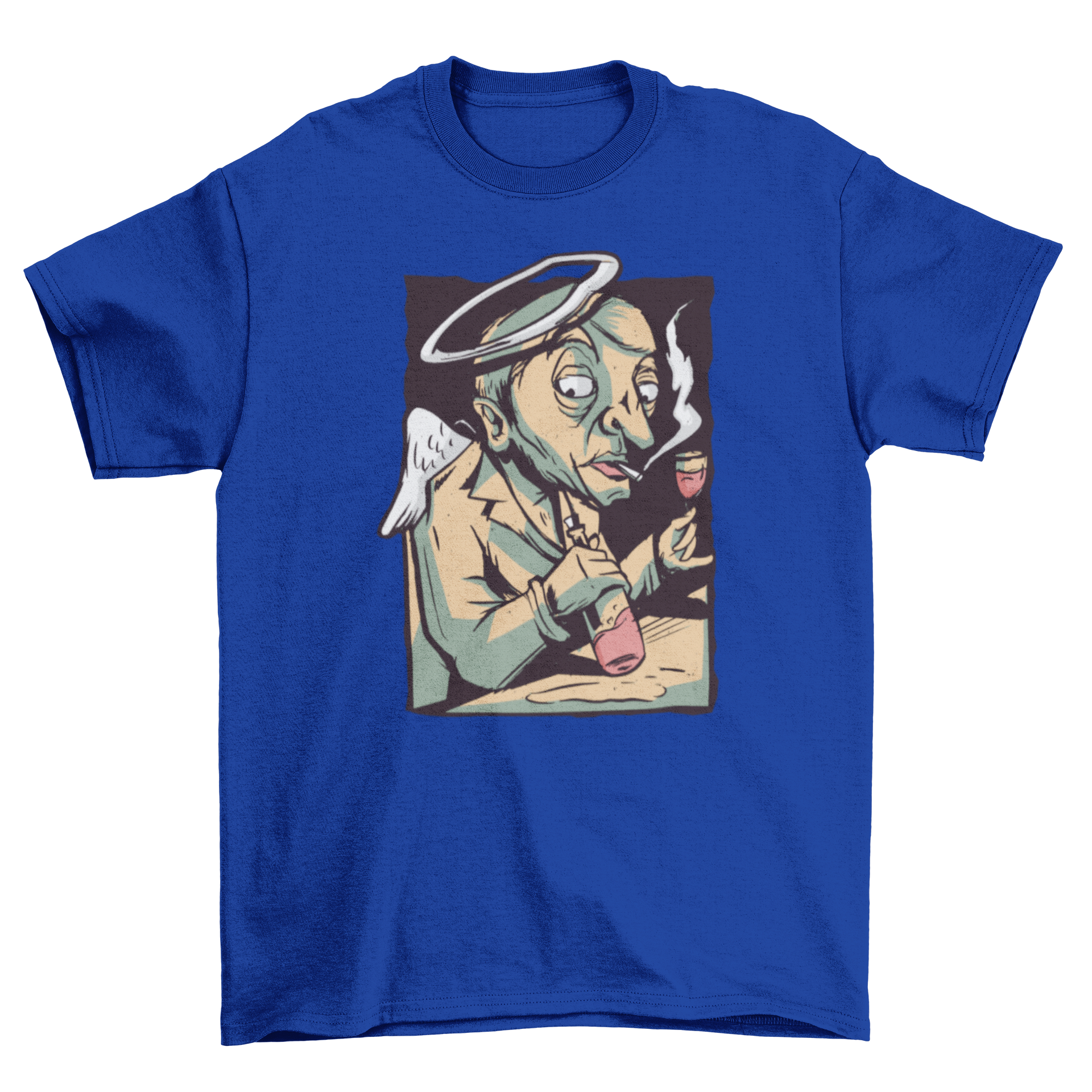 A humorous t-shirt featuring an angel illustration, smoking and drinking wine, showcasing a playful design.