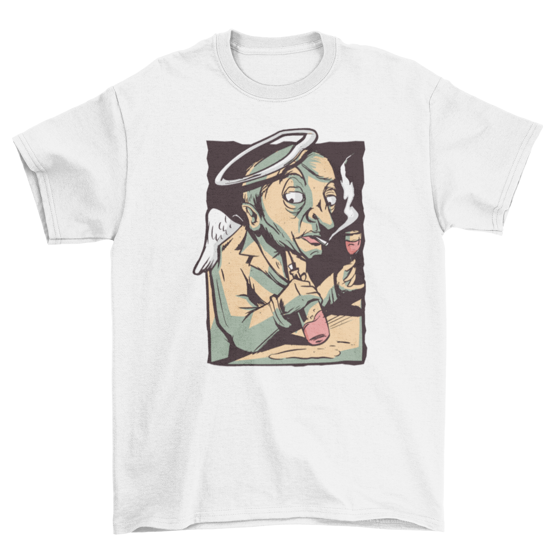 A humorous t-shirt featuring an angel illustration, smoking and drinking wine, showcasing a playful design.