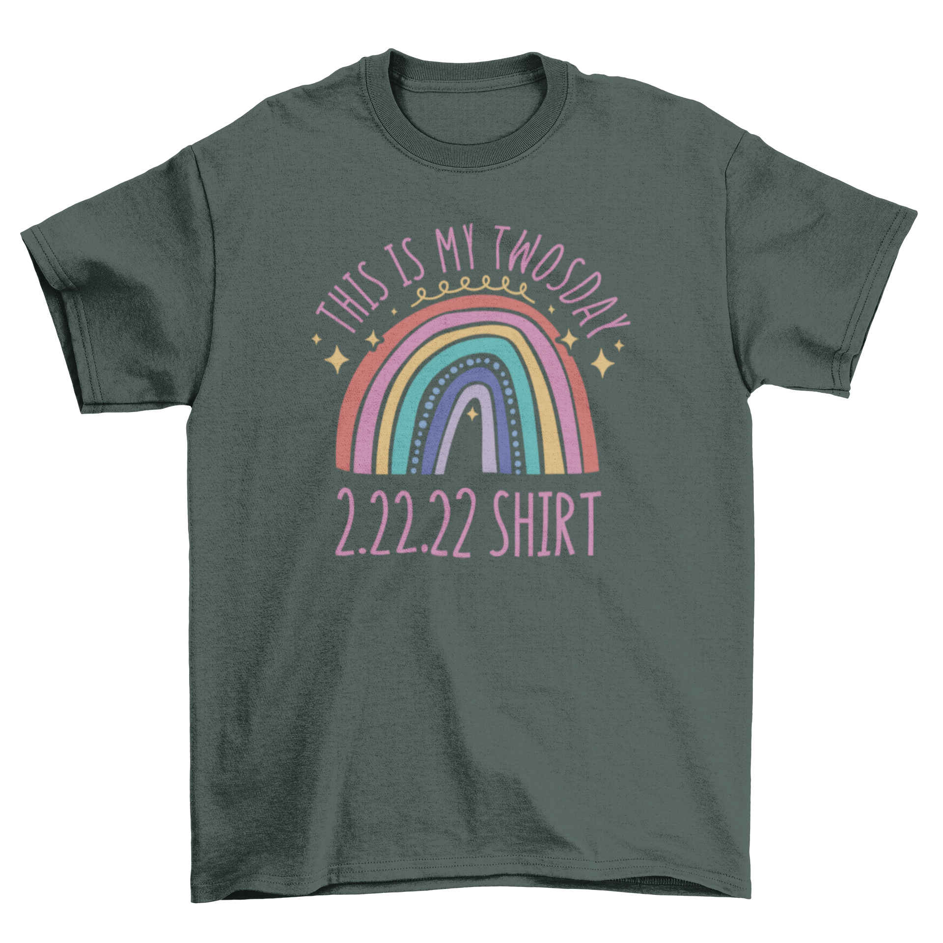 Angel Number 222 t-shirt featuring a colorful rainbow design and the quote 'This is my twosday 2.22.22 shirt'.