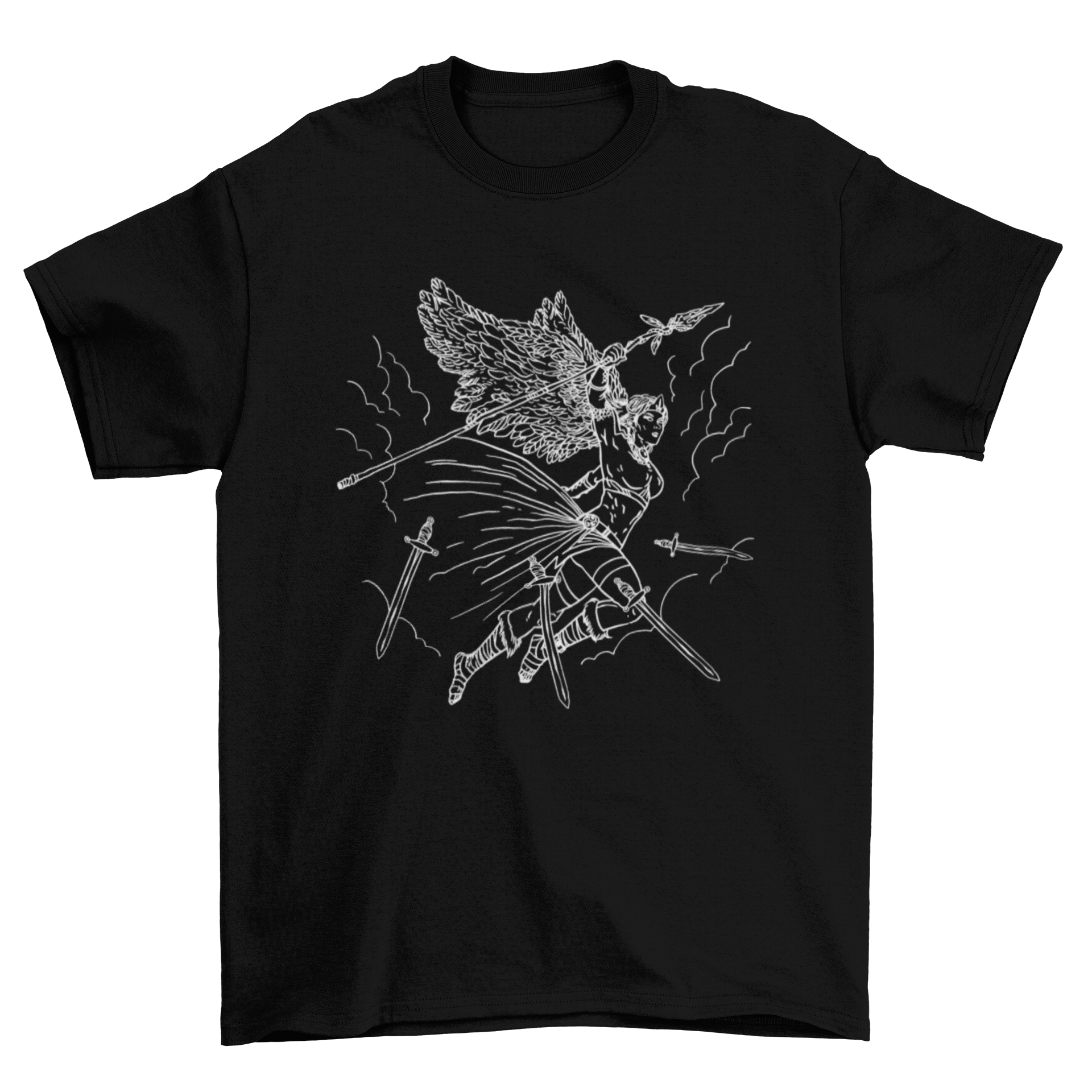 Angel warrior character line art t-shirt featuring an angel with a spear flying in the sky, showcasing intricate line art design.